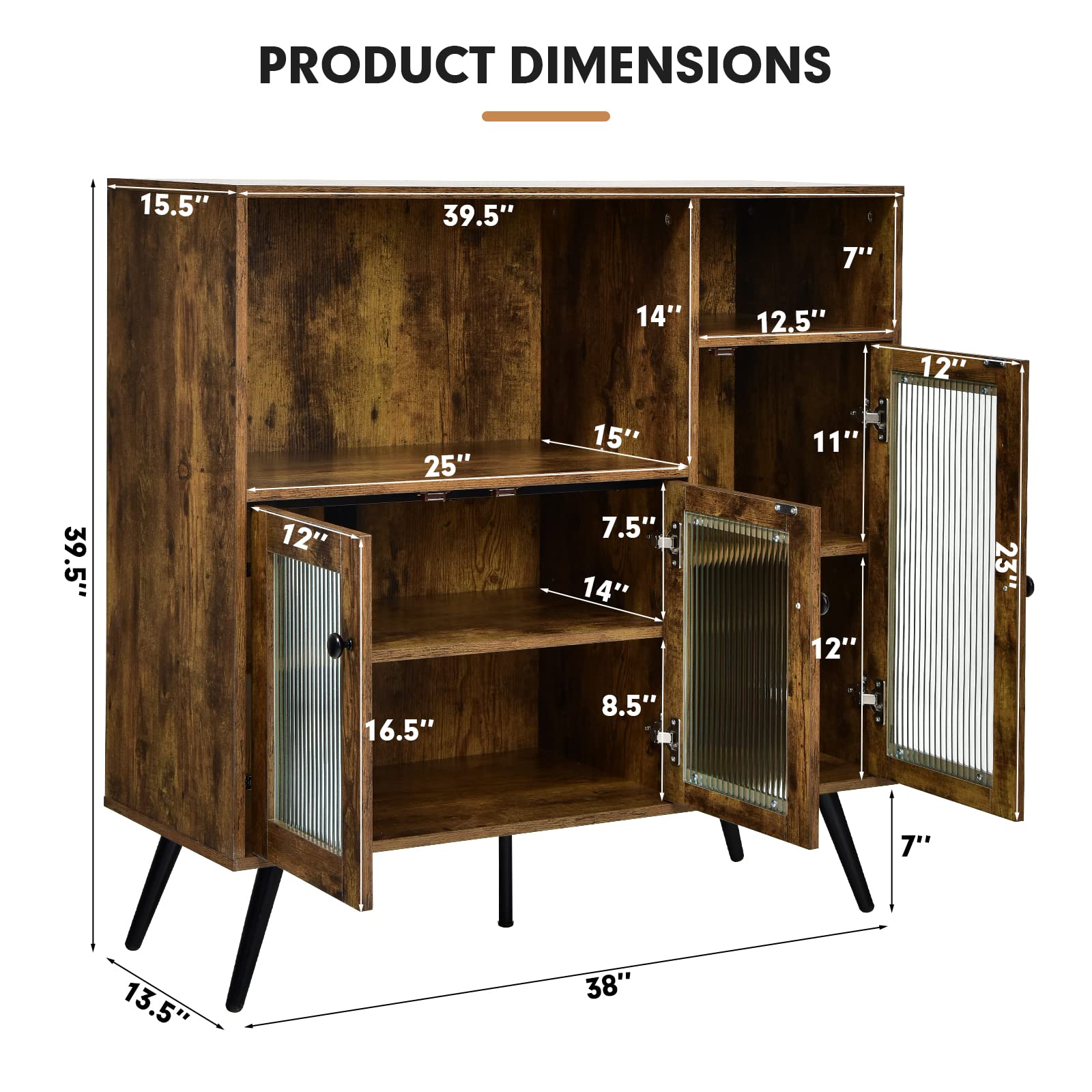 Giantex Storage Cabinet, Industrial Buffet Sideboard with Storage, 3 Door Wood Cupboard, 2 Creadenzas 2 Shelves