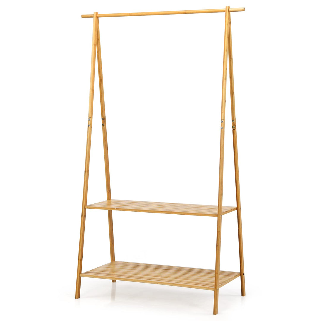 2-Tier 5.3Ft 100% Bamboo Garment Rack with Top Hanging Rod and Bottom Storage Shelves