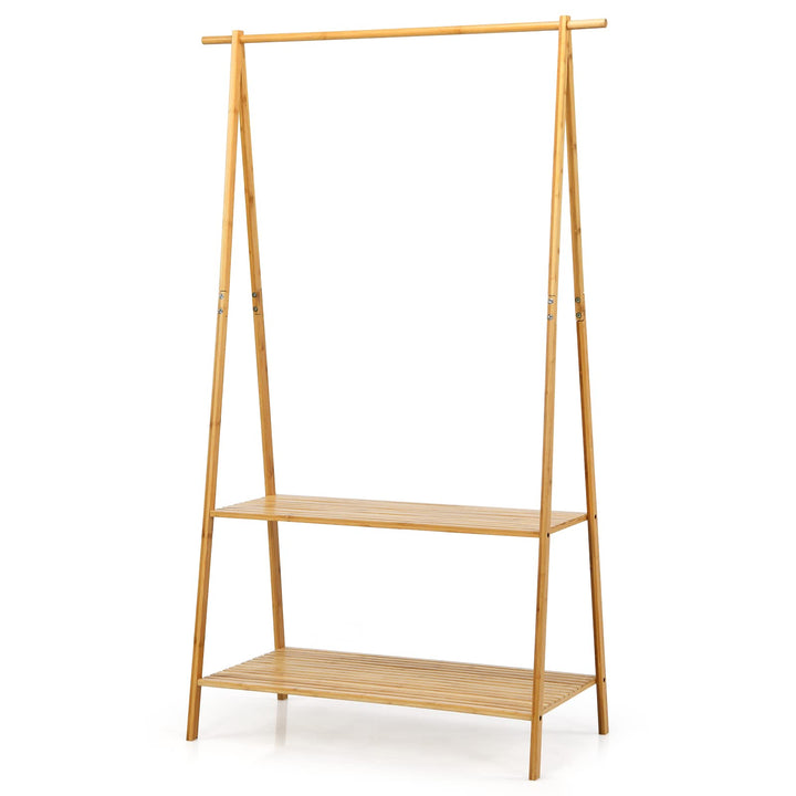 2-Tier 5.3Ft 100% Bamboo Garment Rack with Top Hanging Rod and Bottom Storage Shelves