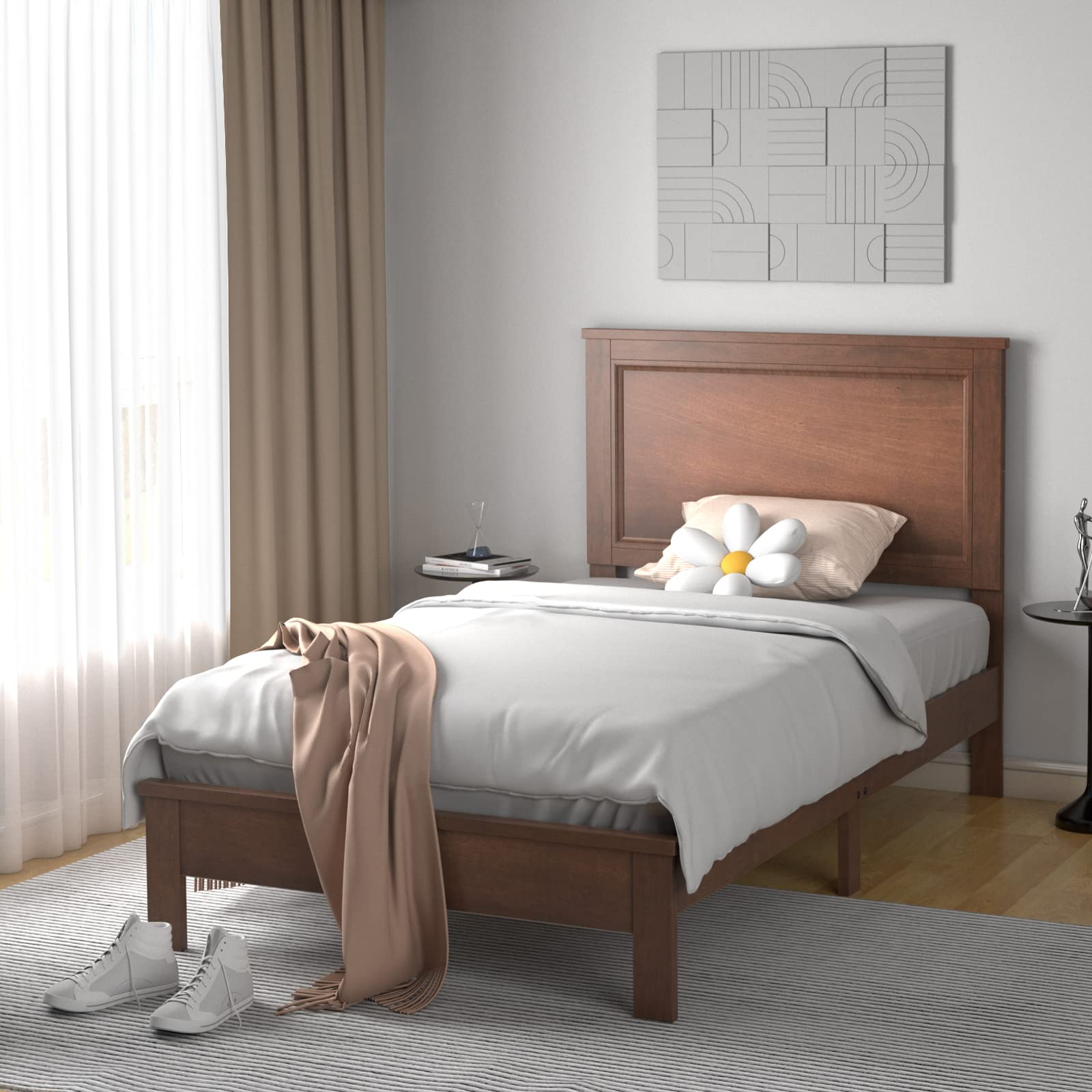 Platform Bed w/ Rubber Wood Legs & Integrated Headboard | Wooden Bed Frame
