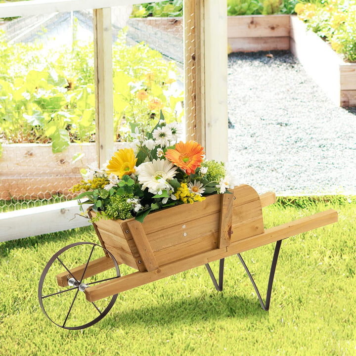 Giantex Wooden Wagon Planter, Small Wheelbarrow Wagon Flower, Indoor & Outdoor Raised Bed