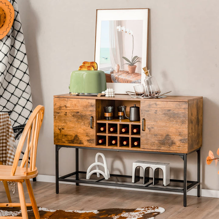 Giantex Industrial Buffet Sideboard, Freestanding Kitchen Cupboard with Wine Rack (Rustic Brown & Black)