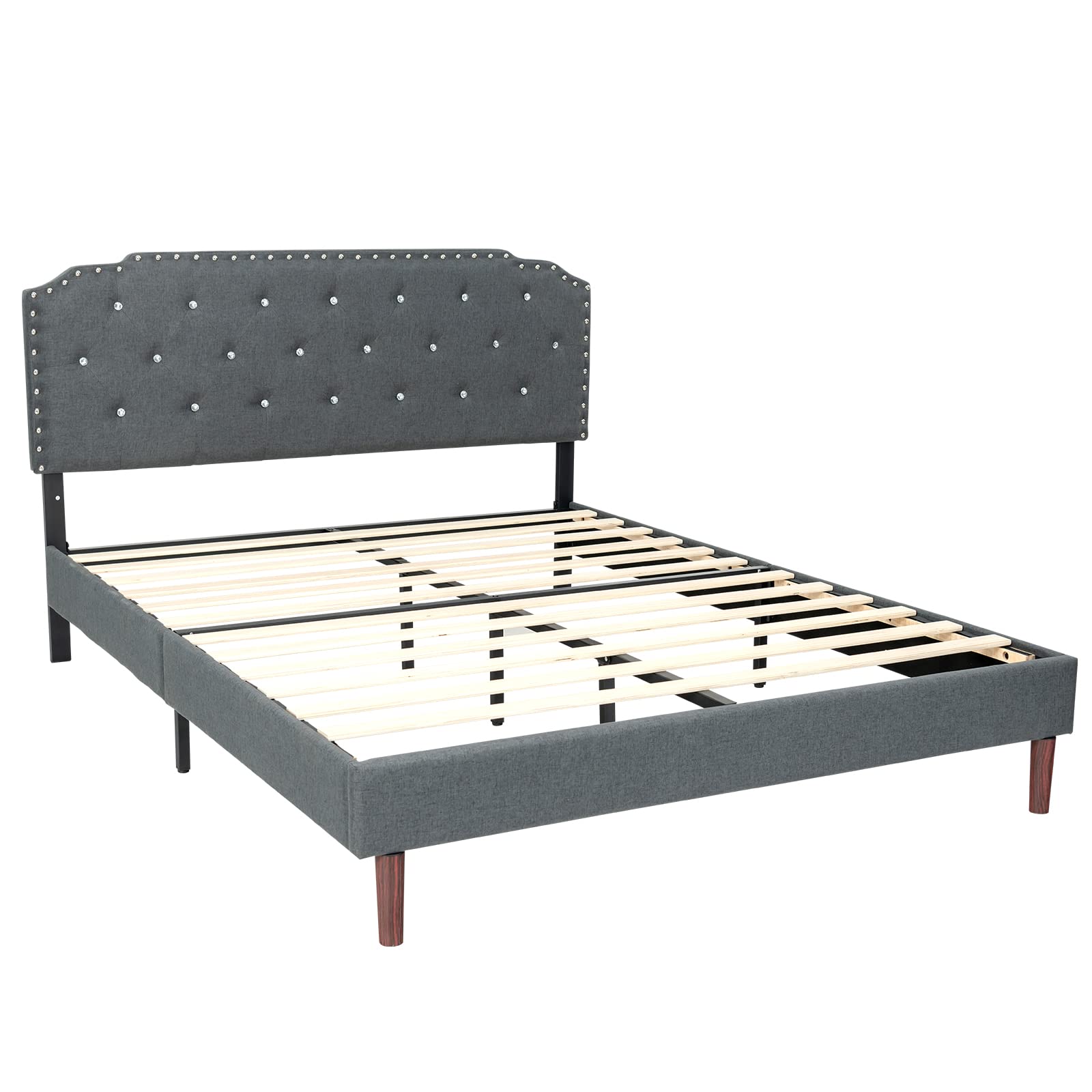 Upholstered Bed Frame w/ Adjustable Headboard, Crystal Tufted Soft Platform Bed Frame w/ Wooden Slats