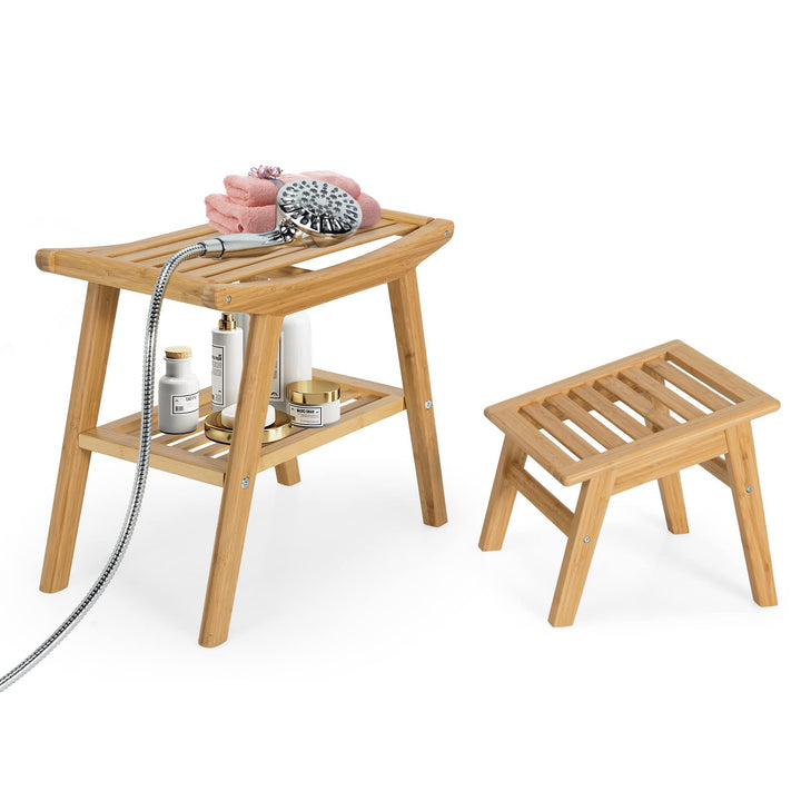Bamboo Shower Bench with Foot Stool, Shower Seat Bench with Underneath Storage Shelf