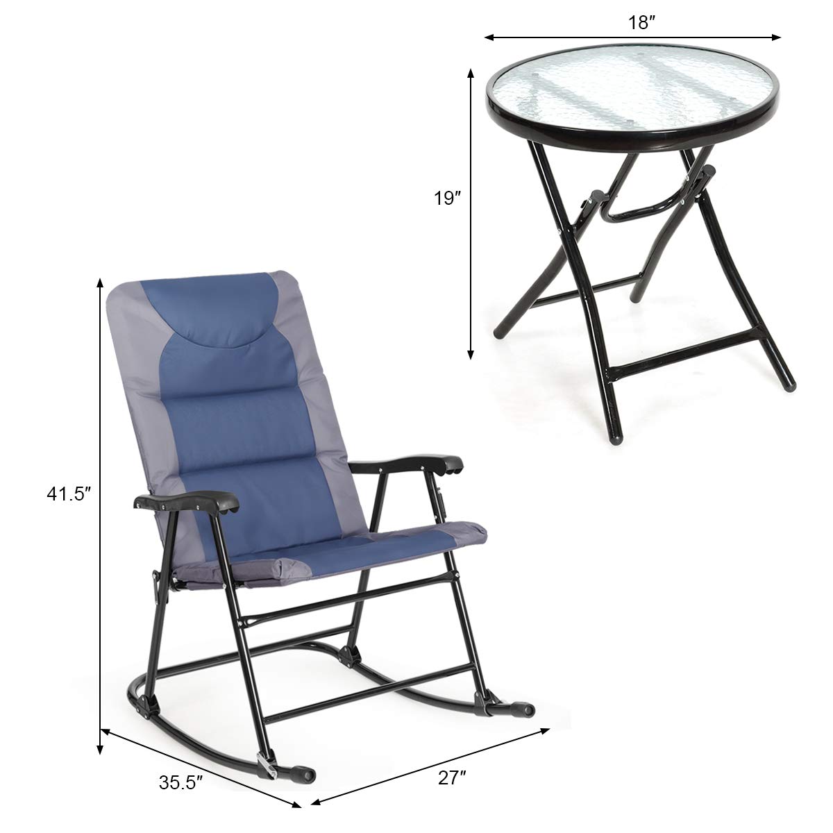 Giantex 3 PCS Folding Bistro Set Outdoor Patio Rocking Chairs Round Table Set 2 Rocking Chairs