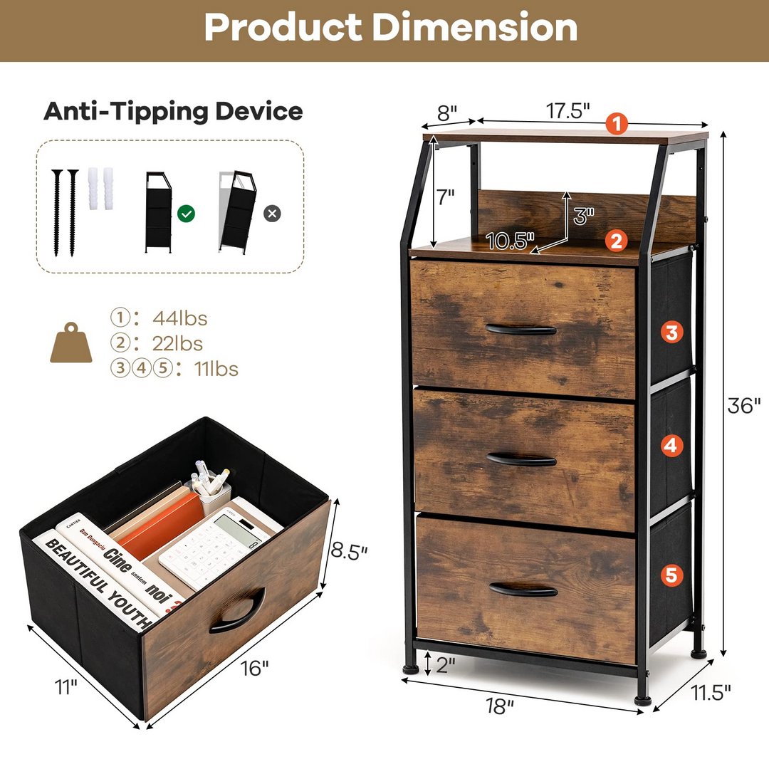 Giantex 3 Drawers Dresser, Storage Tower w/ 3 Foldable Fabric Drawers & Open Shelves