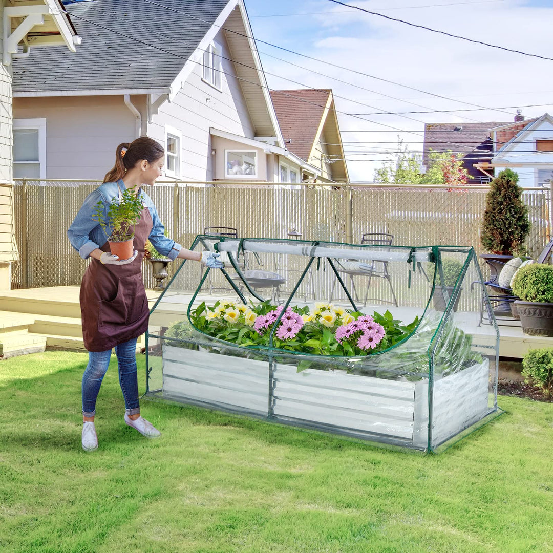 green house planter Giantex Galvanized Steel Raised Garden Bed with Mini Greenhouse, Outdoor Metal Planter Box Kit with Large Roll-up PVC Cover