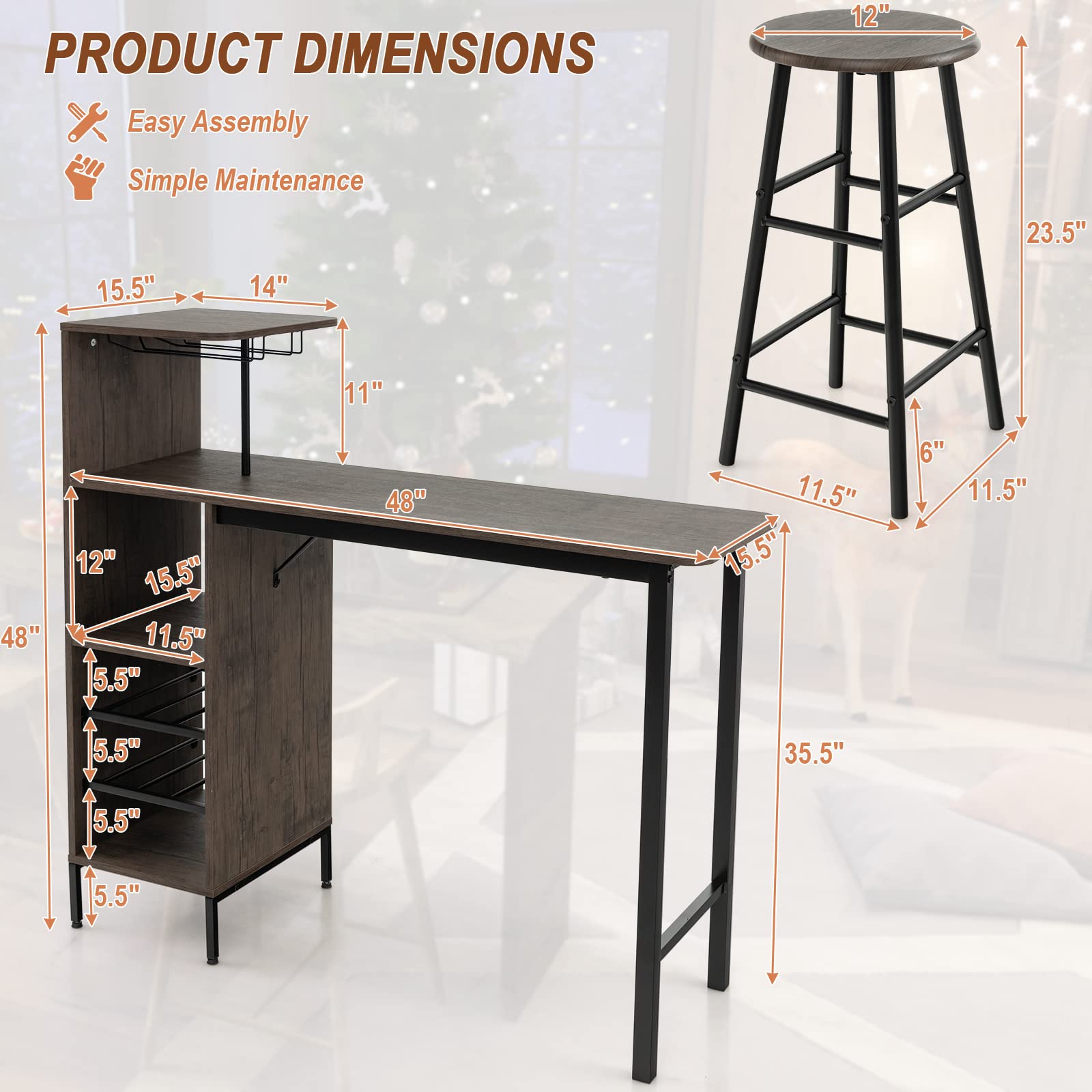 Giantex 3 Pieces Bar Table and Stools Set, Bistro Table Set with Glass Holder (Brown)
