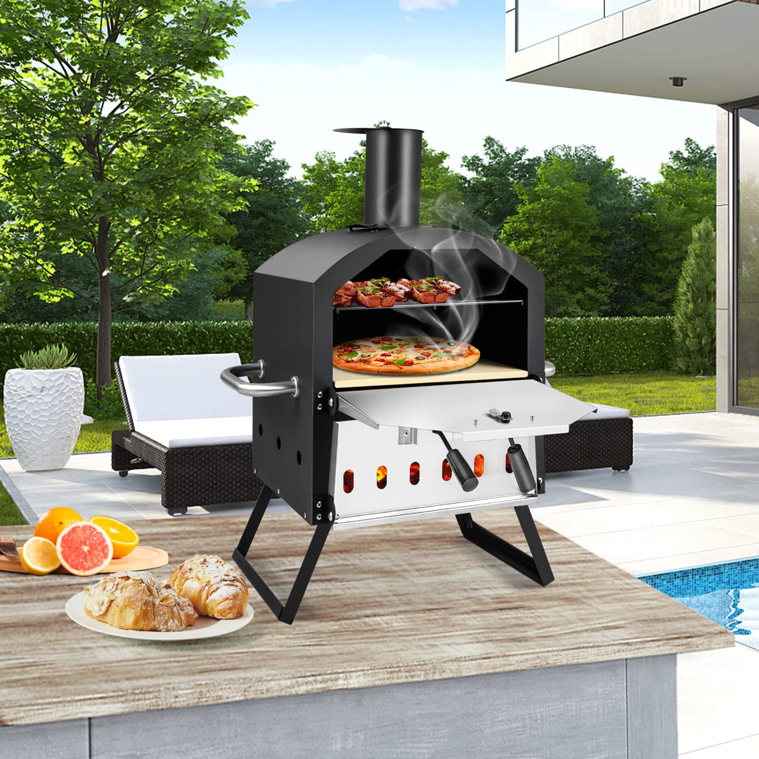 Giantex Outdoor Pizza Oven Wood Fired, 2-Layer Pizza Maker with Pizza Stone, Pizza Peel (Black)