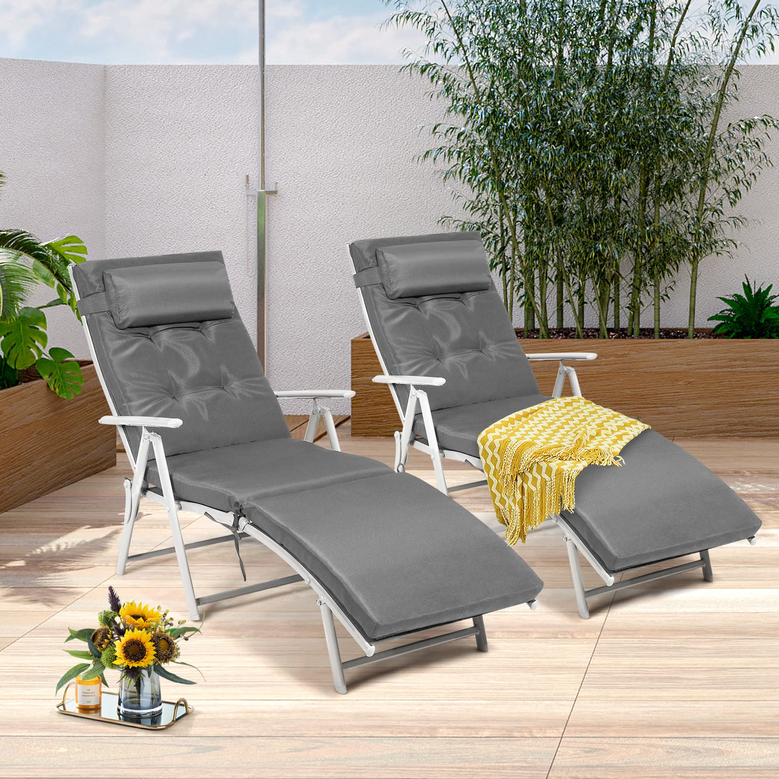 Pool Folding Reclining Beach Chair W/Removable Cushion&Headrest Pillow