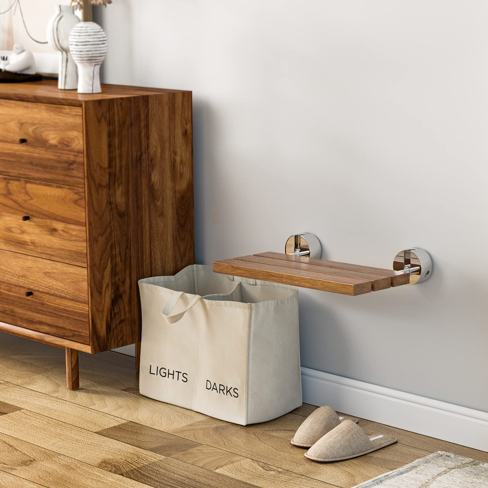 Giantex 20" Teak Wood Folding Shower Seat Bench Folding Shower Seat