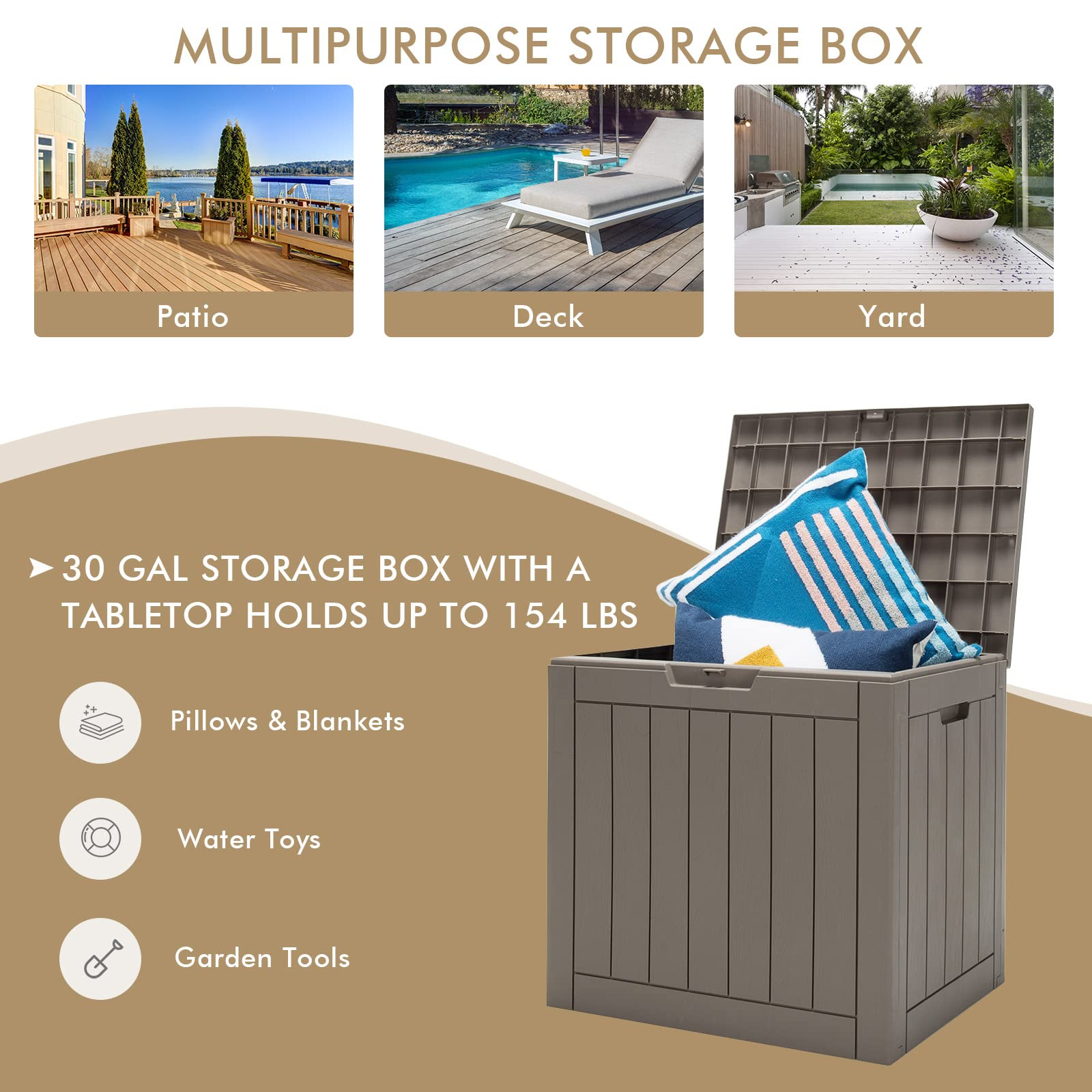 30 Gallon Wood Grain Texture Outdoor Storage Bin(Light Brown)