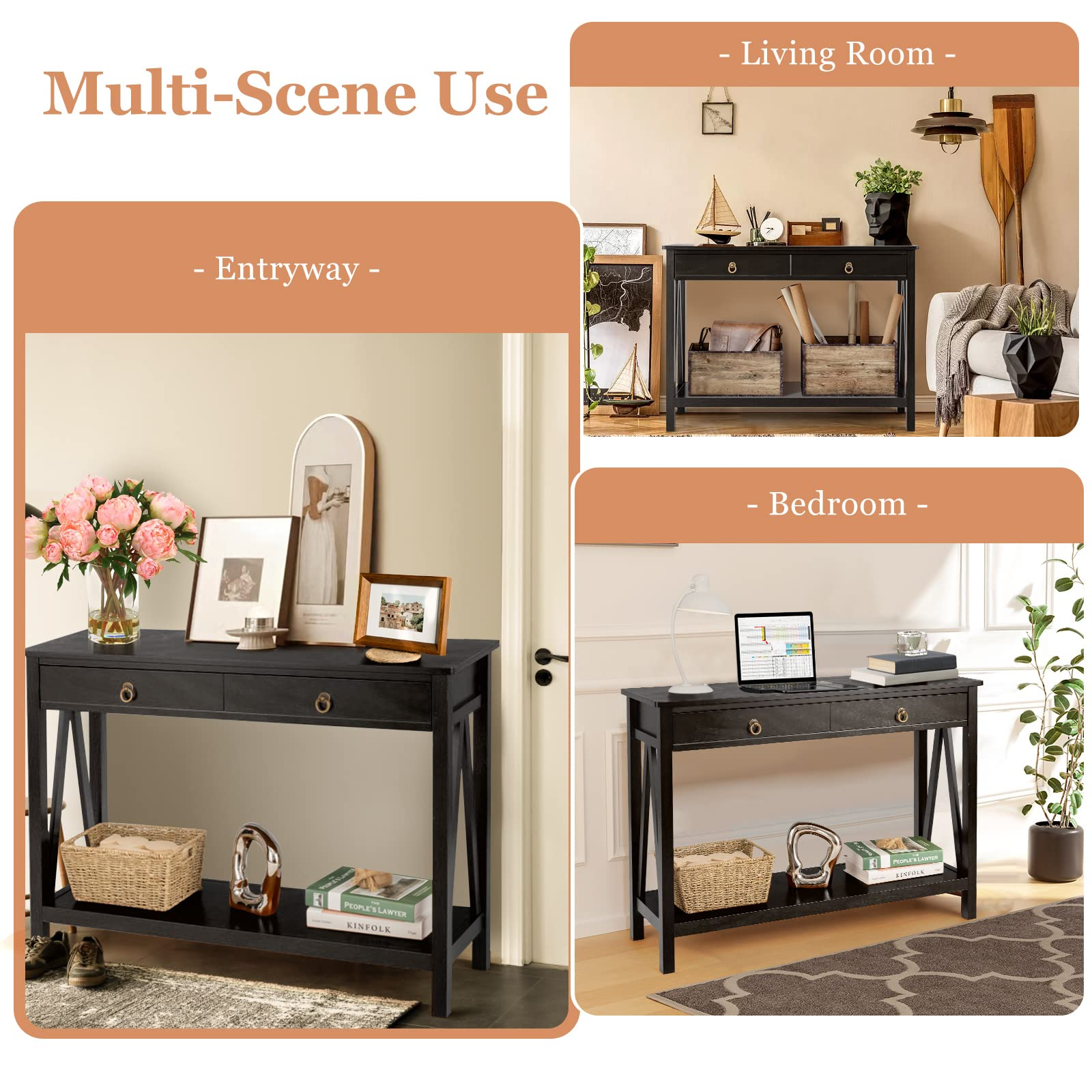 Console Table Entryway Sofa Side Table with 2 Drawers & Open Shelf