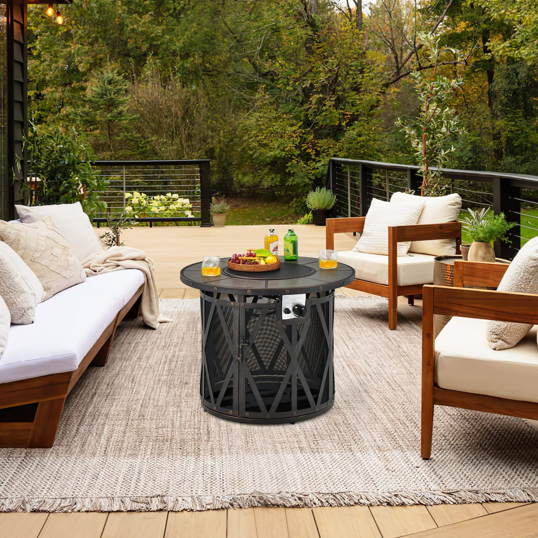 Giantex 32" Gas Fire Pit Table - 30,000 BTU Round Outdoor Fire Pit with Lid, PVC Cover, Glass Stones, Black