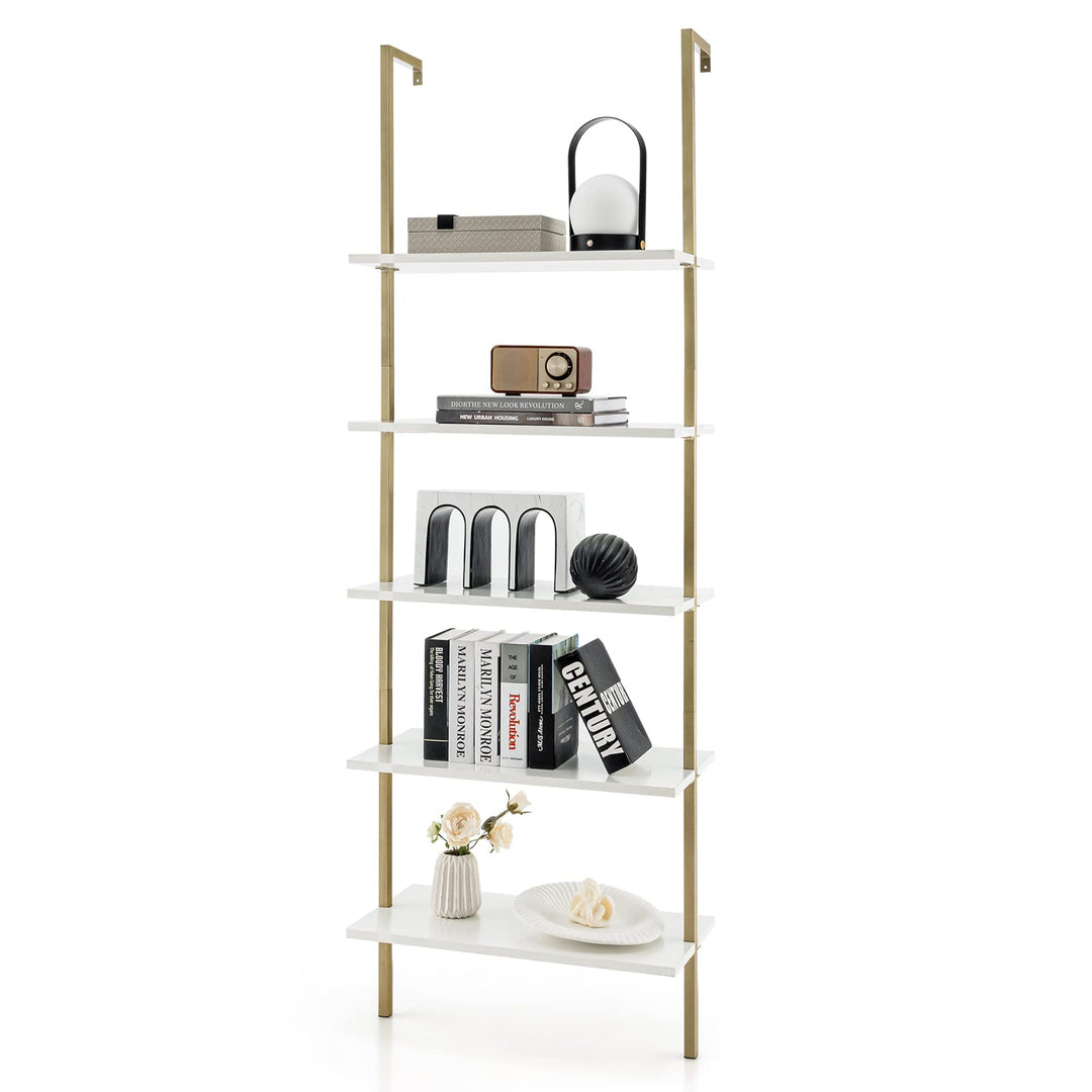 Giantex 5 Tier Modern Wall Mounted Bookshelf, 71'' White and Gold Wood Bookcase with Steel Frame