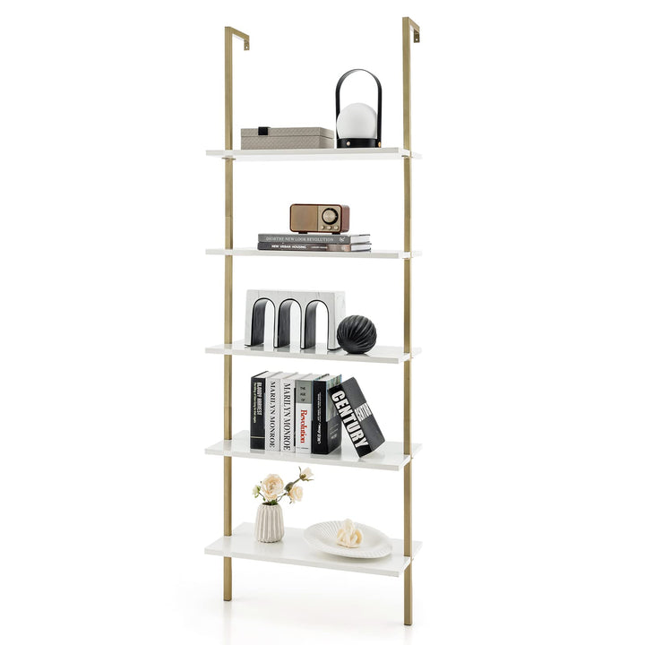 Giantex 5 Tier Modern Wall Mounted Bookshelf, 71'' White and Gold Wood Bookcase with Steel Frame