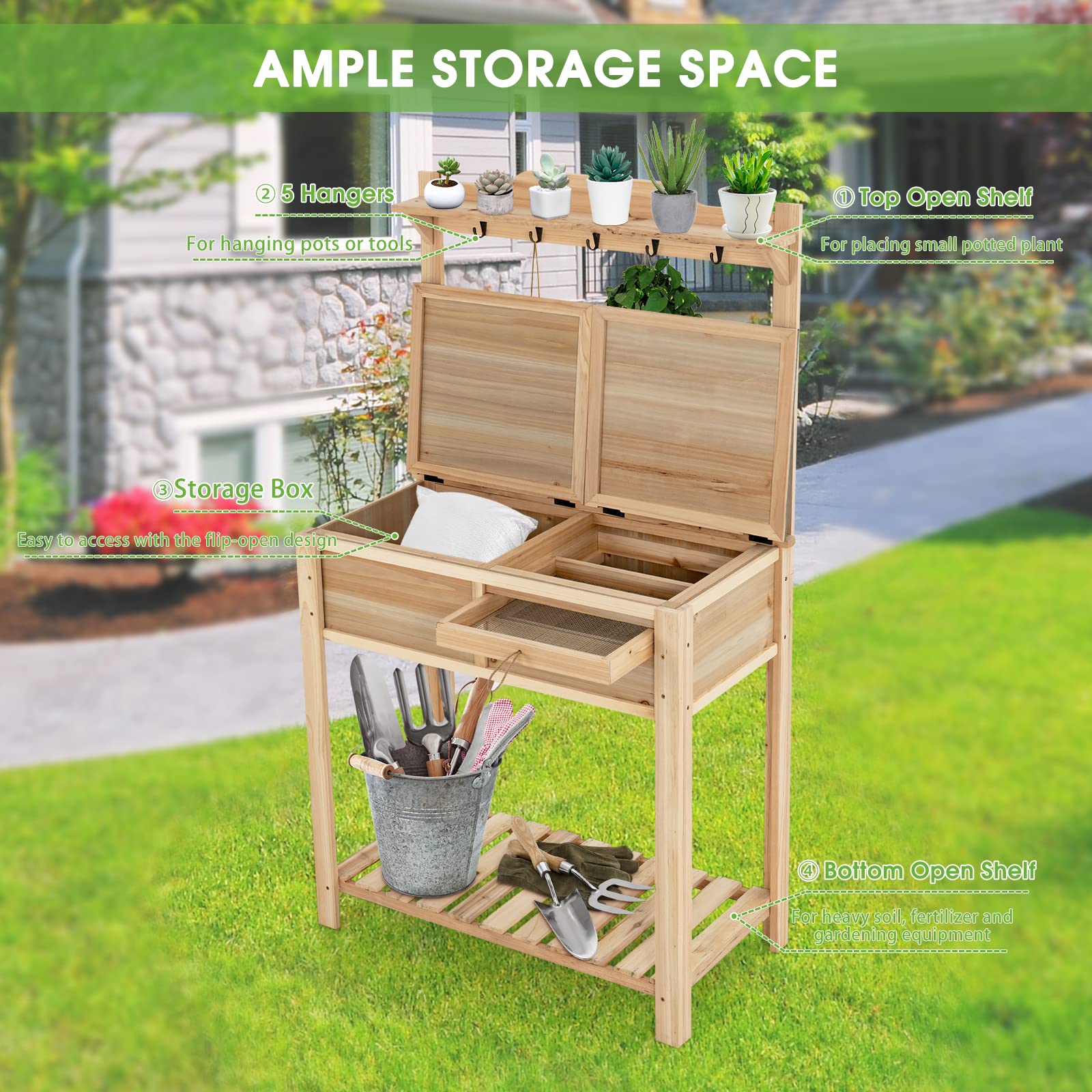 Giantex Potting Bench Outdoor Wooden Planting Table with Flip-Open Galvanized Metal Tabletop, Planting Box