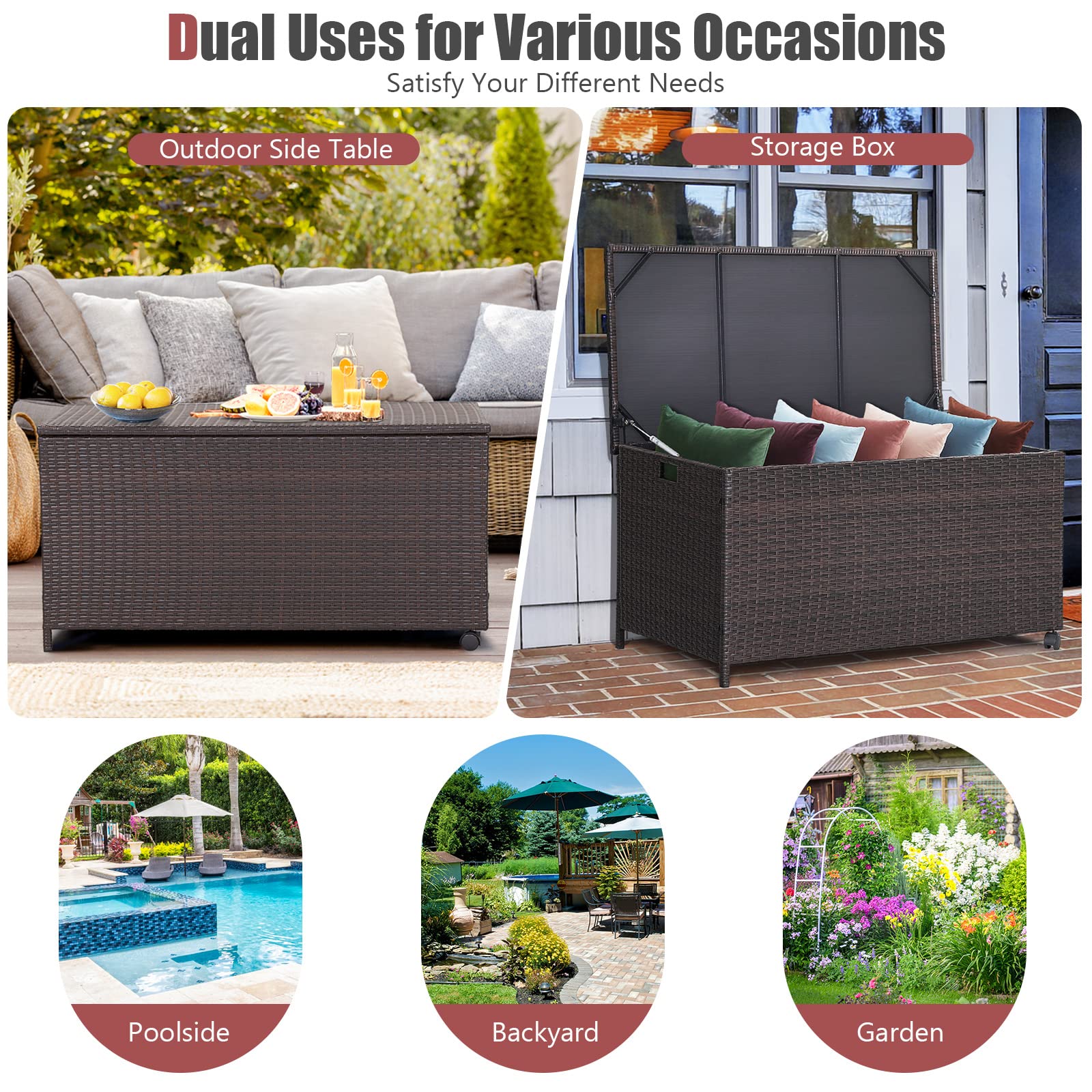 Giantex Outdoor Wicker Storage Box - 50 Gallon PE Rattan Storage Container with Lid, Mix Brown