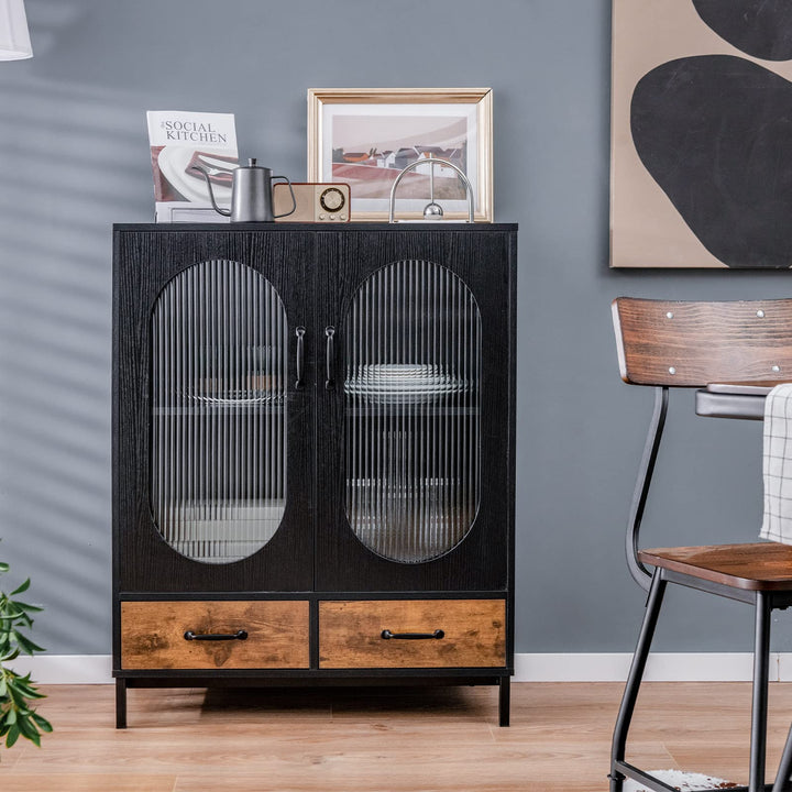 Giantex Buffet Cabinet with 2 Drawers, Wooden Sideboard, Standing 2-Tier Cupboard (Black & Brown)