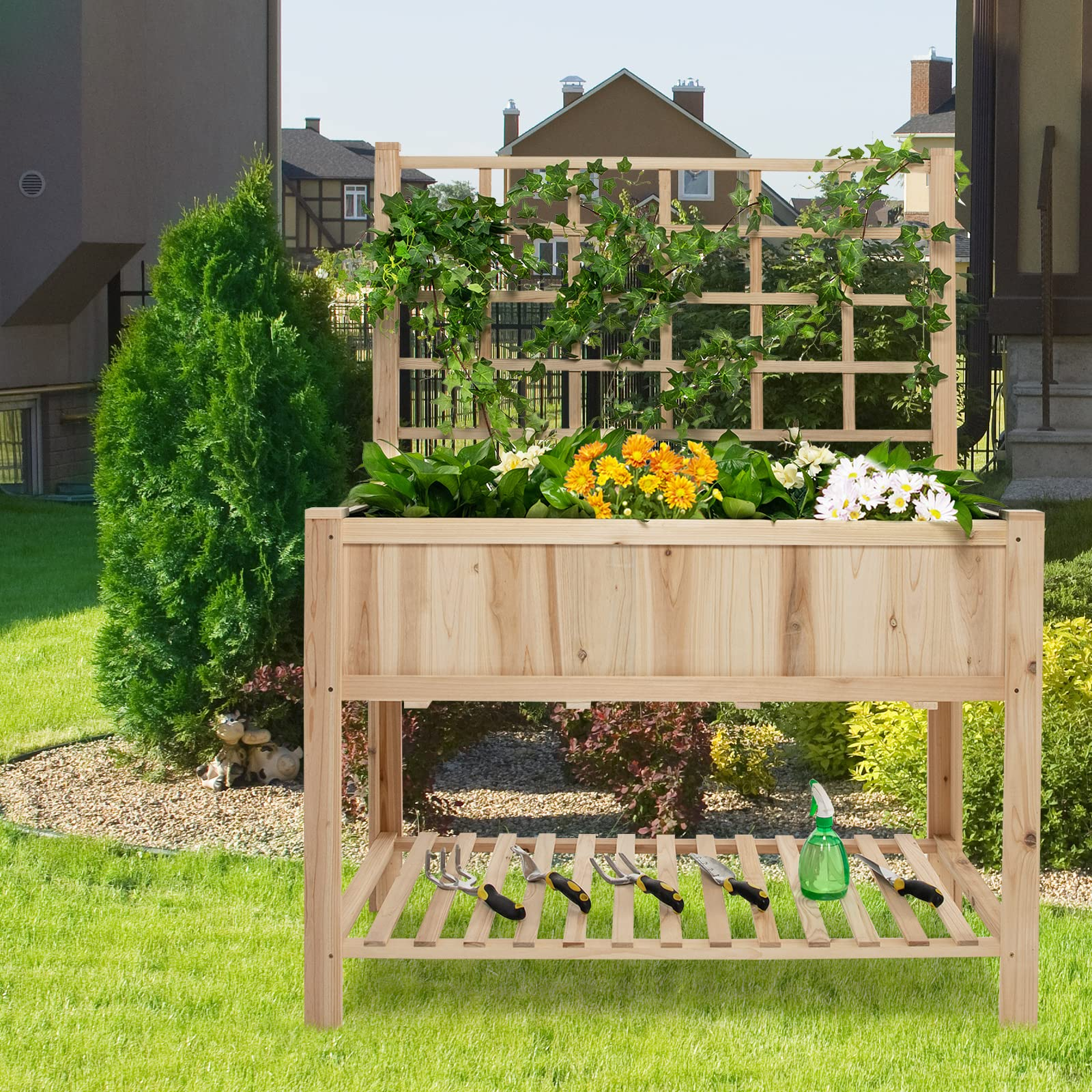 Giantex Wood Planter with Trellis, Standing Raised Garden Bed