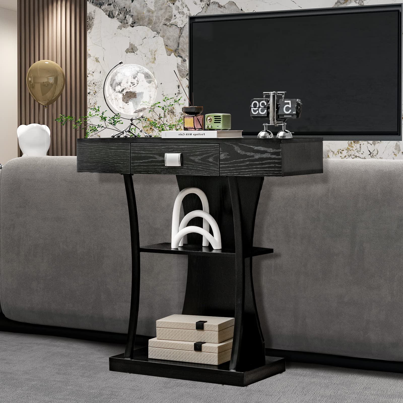 Narrow Console Table T-Shaped - Behind Couch Table - Giantex