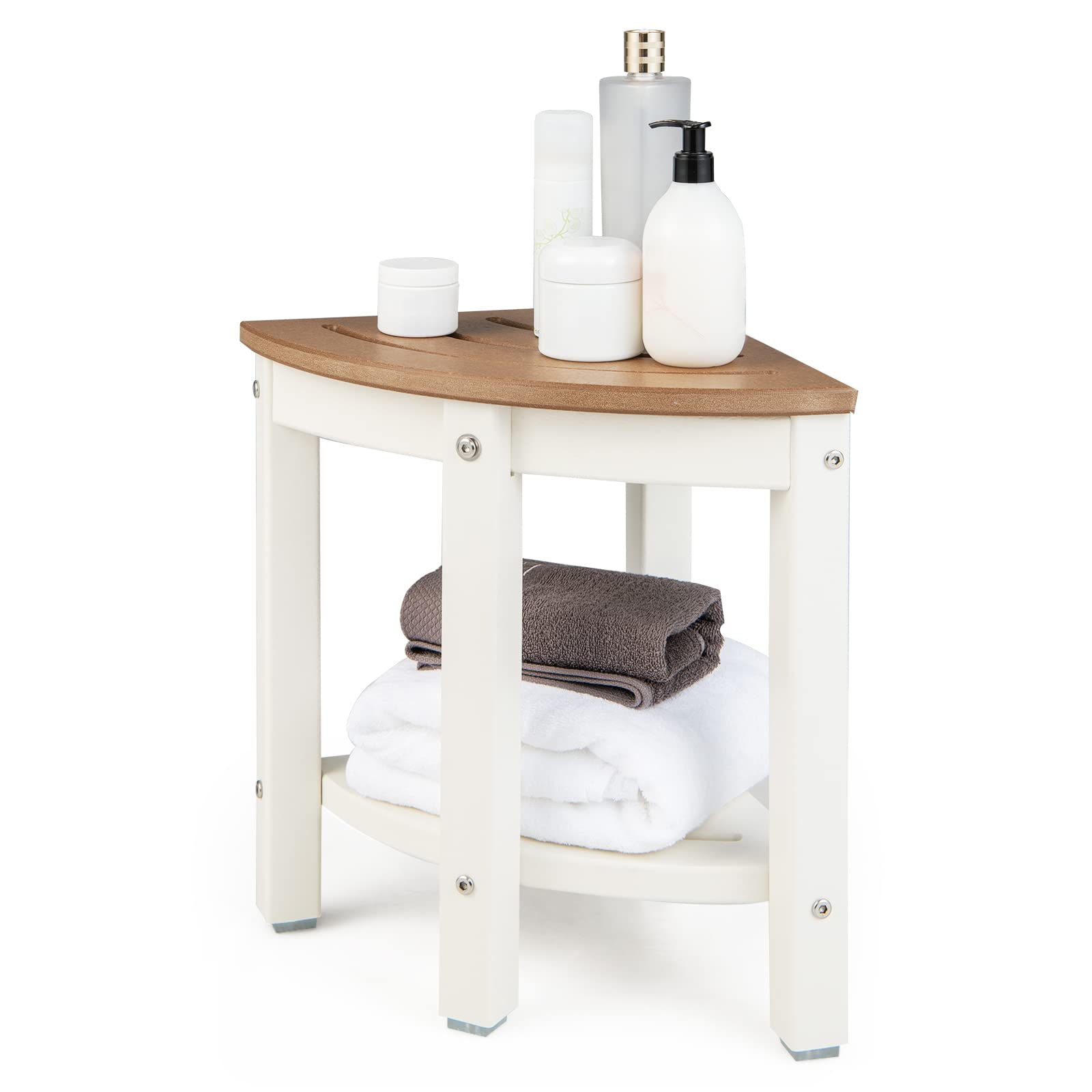 Giantex Corner Shower Stool Waterproof - HDPE Shower Bench Seat with Storage Shelf