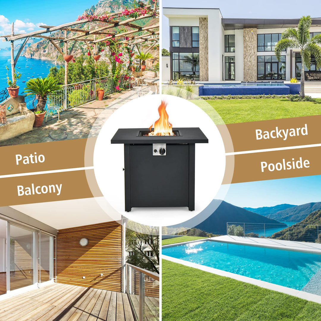 Giantex 32" Patio Propane Fire Table - 50,000 BTU Square Metal Fire Table with Lid, PVC Cover, Glass Stones