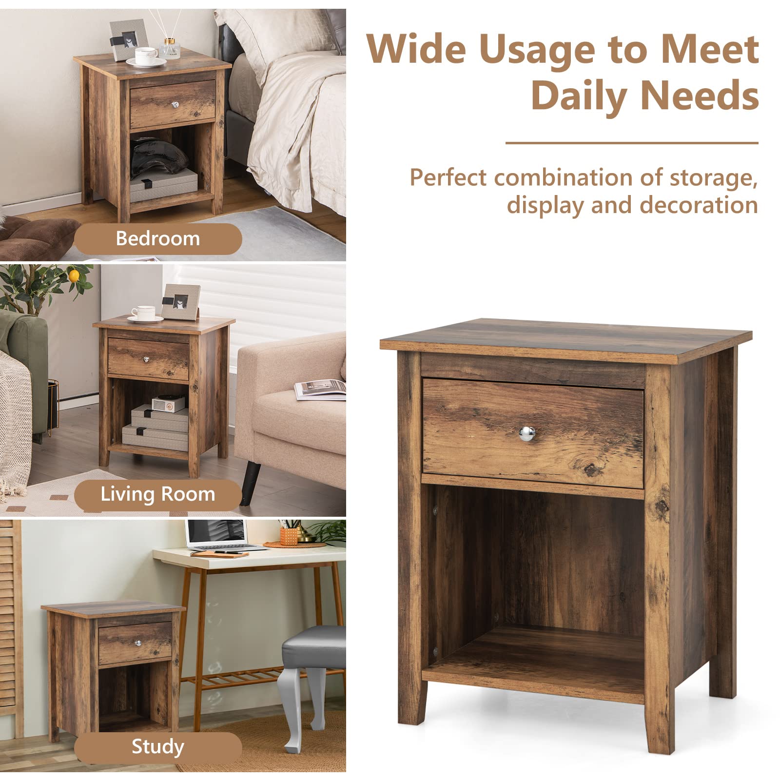Giantex Nightstand with Storage Drawers and Open Shelf, Rustic Vintage Bedside Table