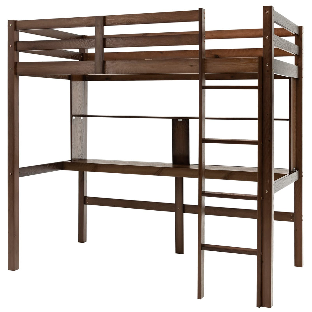 Giantex Twin Loft Bed with Desk and Bookshelf, Wooden Bed Frame with Safety Guardrail & Ladder