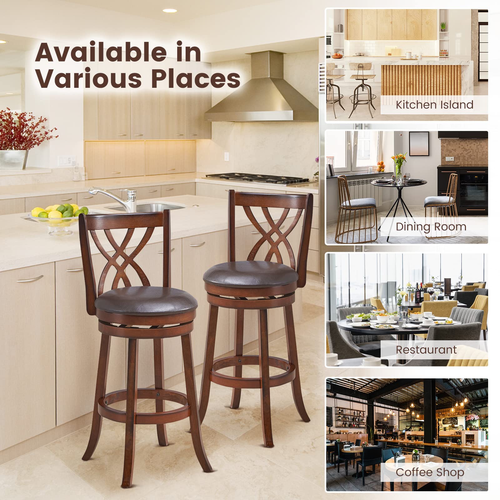 Giantex Brown Bar Stools PU Leather Cushioned Seat and Footrests, for Kitchen Island