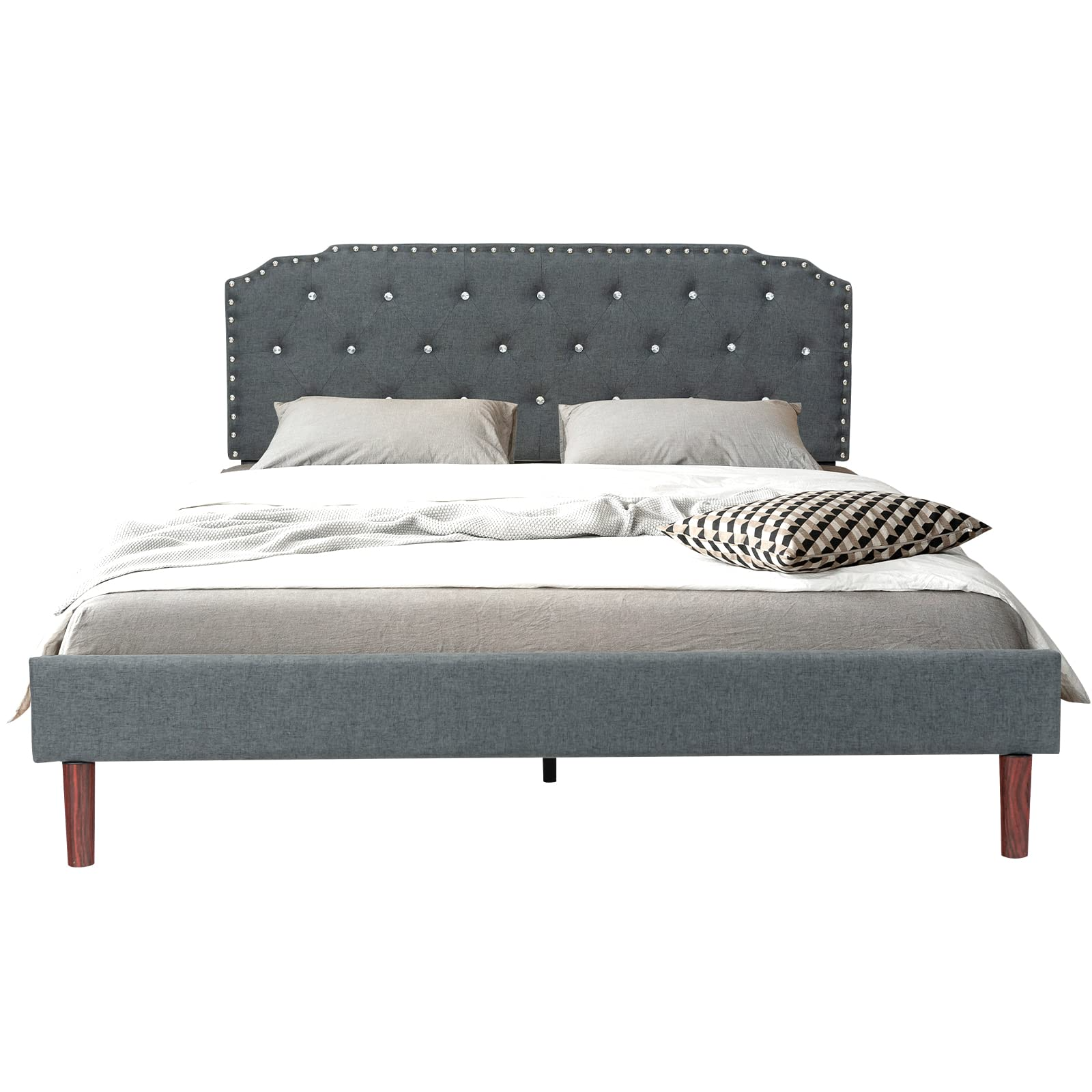 Upholstered Bed Frame w/ Adjustable Headboard, Crystal Tufted Soft Platform Bed Frame w/ Wooden Slats