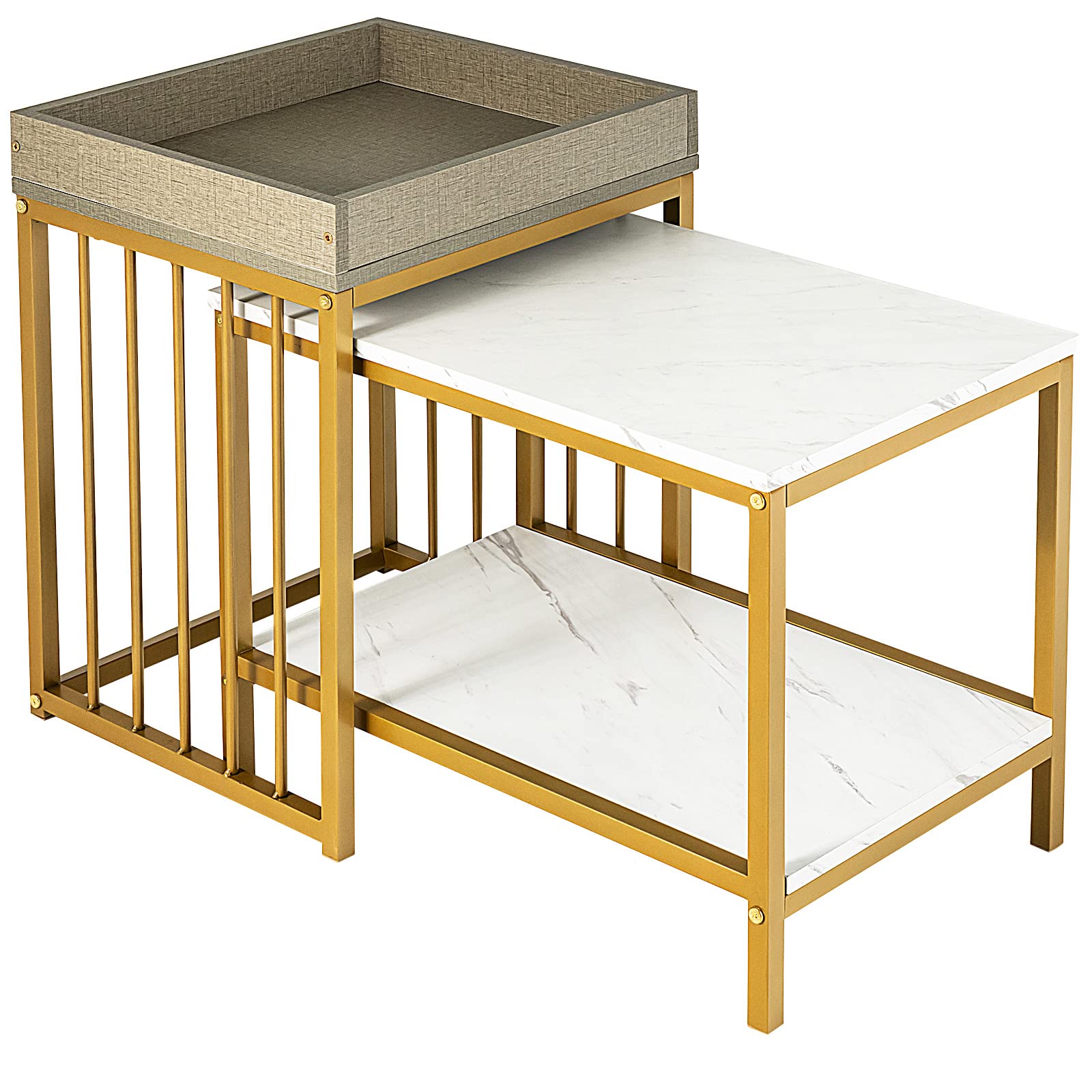 Giantex Nesting Coffee Table Set of 2 w/Tray Top End Table & 2-Tier Narrow Coffee Table(Gold & White)