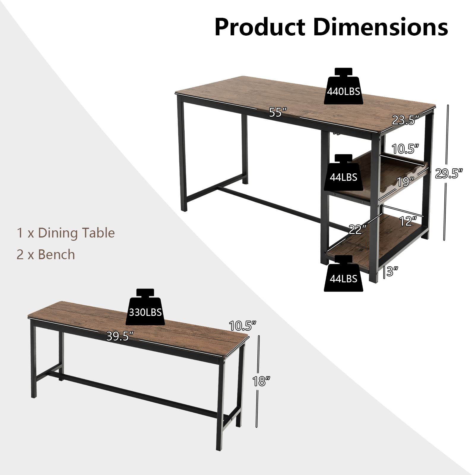 Giantex 3-Piece Dining Table Set for 4, Rustic Kitchen Dinner Table with 2 Benches