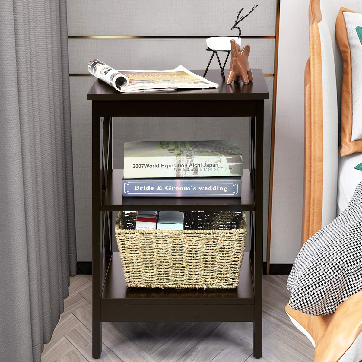Nightstand 3-Tier X-Design W/Storage Shelves and Stable Structure Storage Organizer Display Sofa Side Table