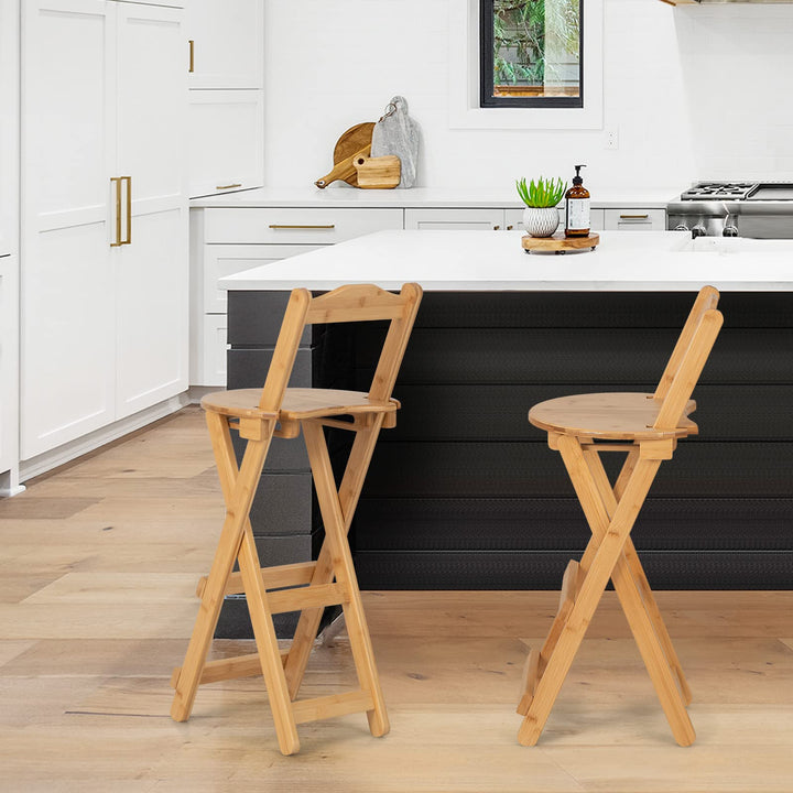 Folding Bamboo Bar Stools 24” Kitchen Counter Height Stool with Backrest & Footrest