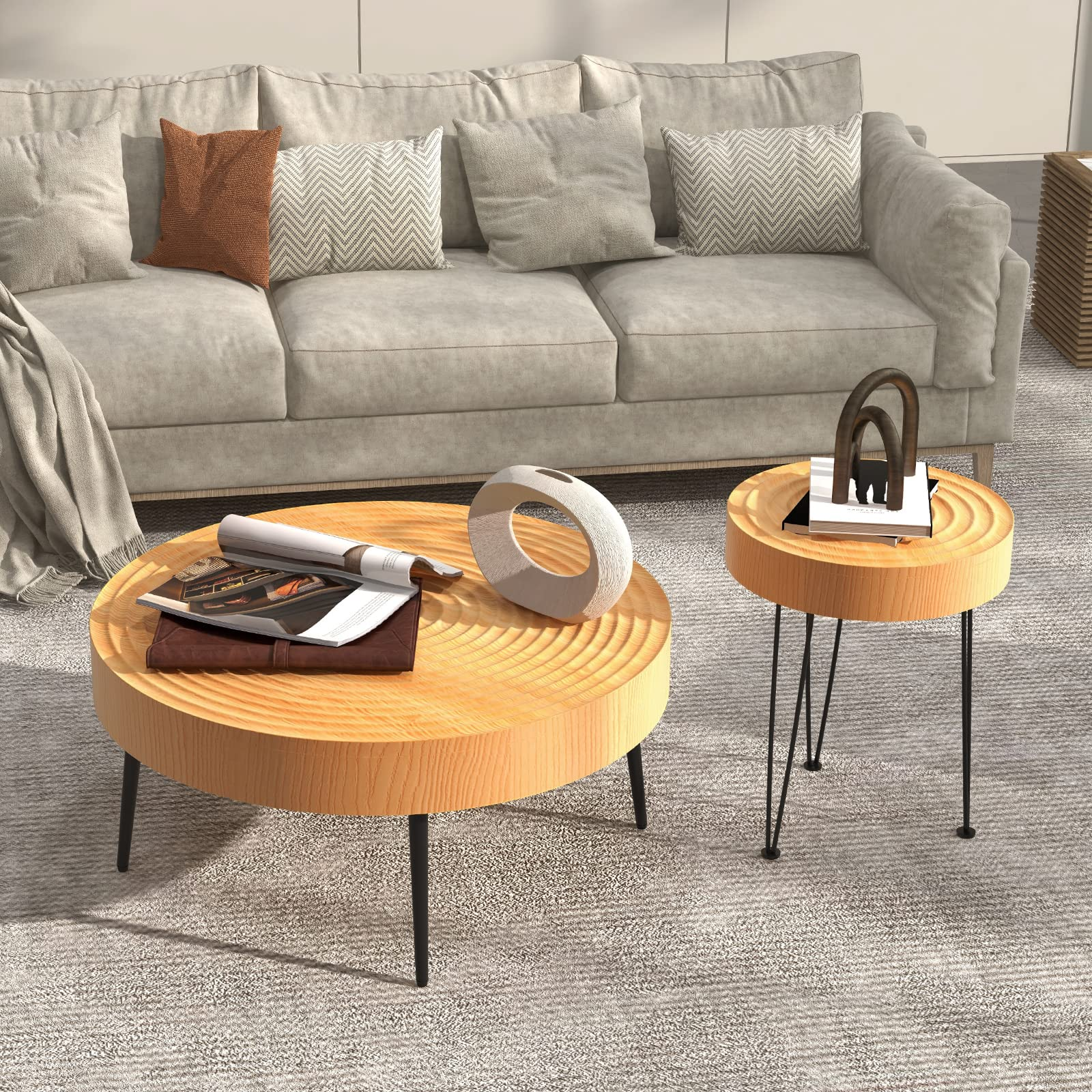 Giantex Round Coffee Table Set of 2 - Sofa Side Nesting Table w/Solid Pine Wood Top