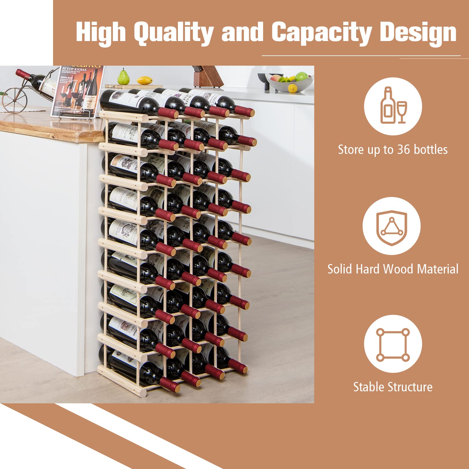 Giantex 36-Bottle Wine Rack Freestanding Floor - Wooden 5-Tier Stackable Wine Storage Shelves