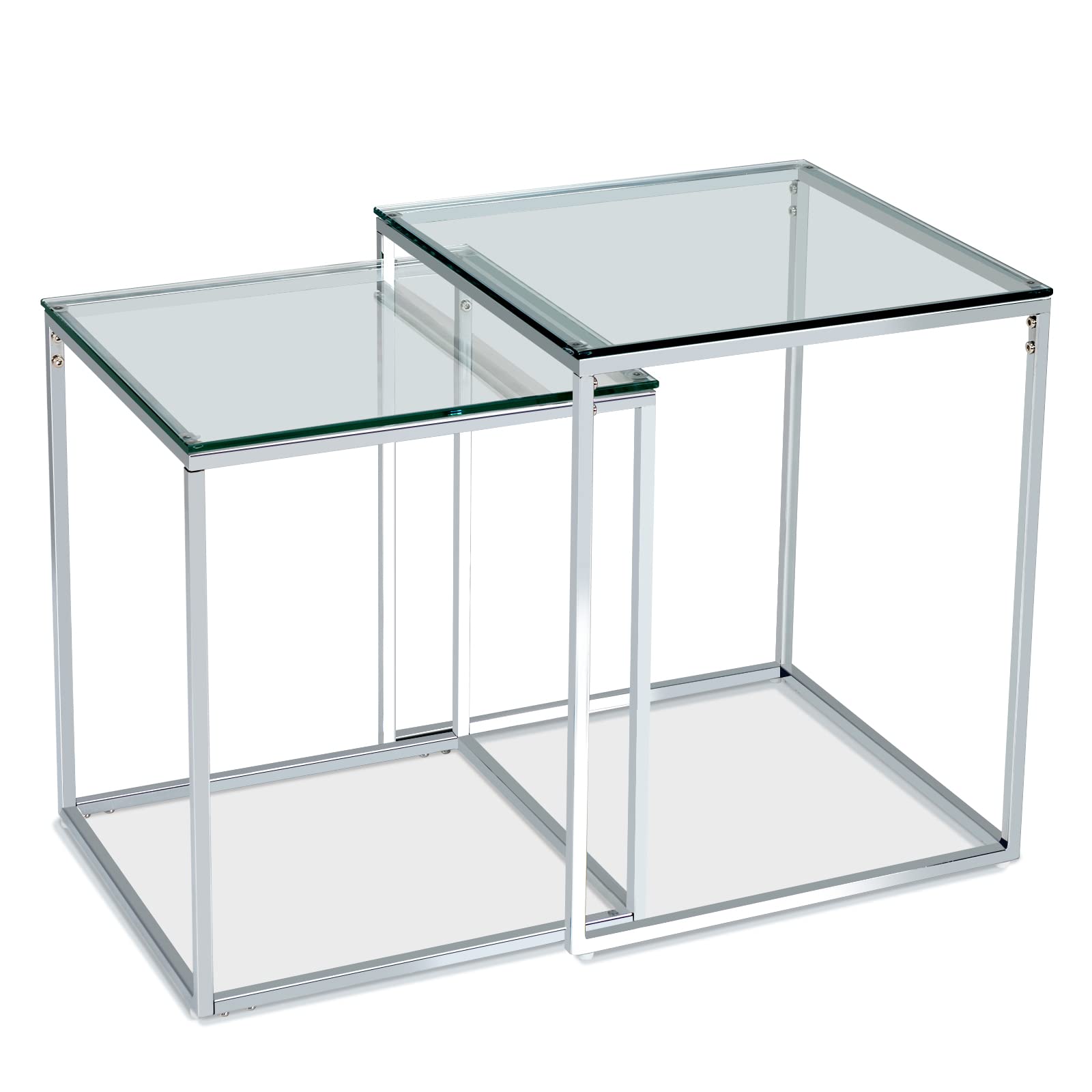 Giantex Nesting Table Set of 2 - Clear End Tables w/Tempered Glass Top & Silver Metal Frame