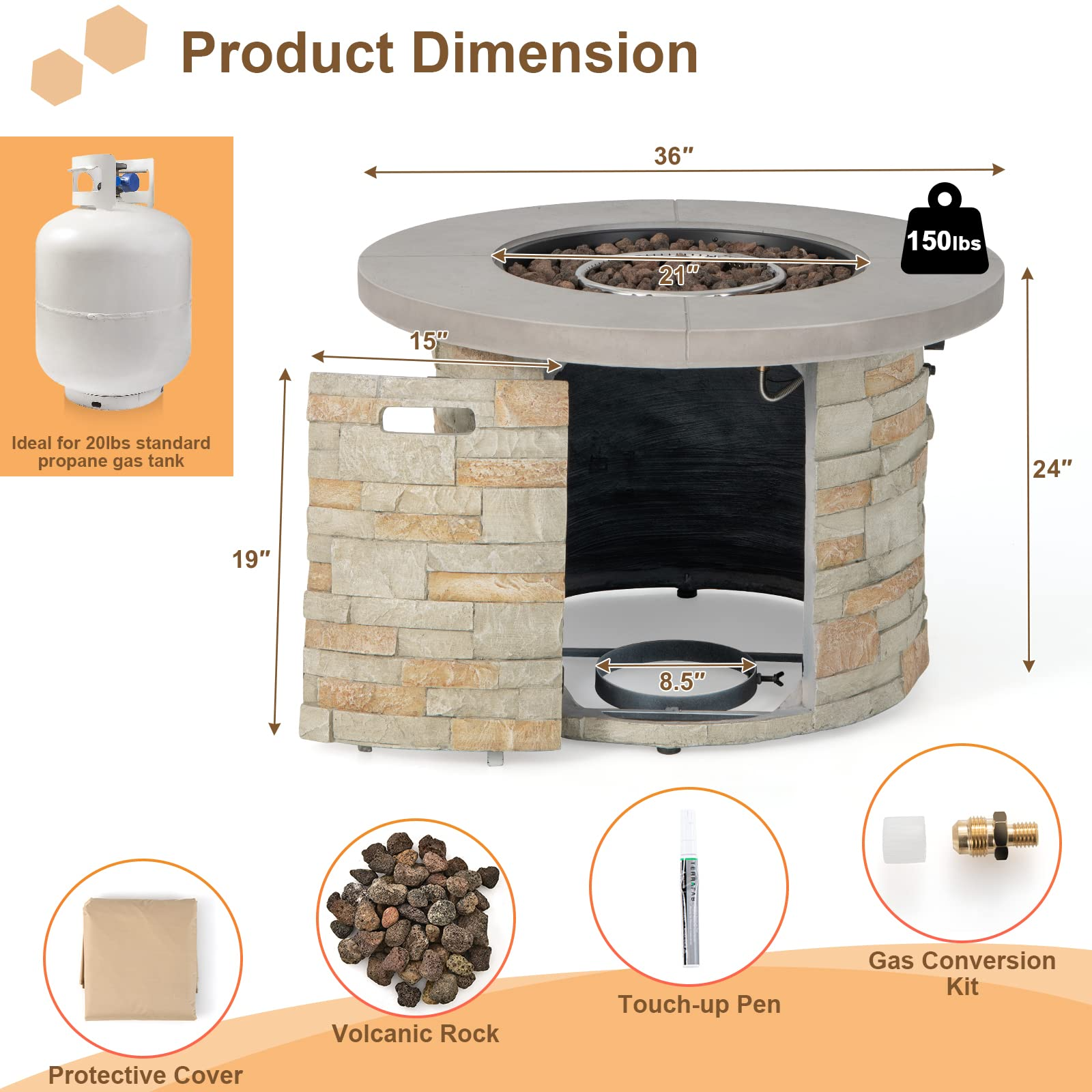 Propane Gas Fire Pit Table - 2-in-1 Outdoor 36" Round Fire Table W/ Volcanic Rock & PVC Cover