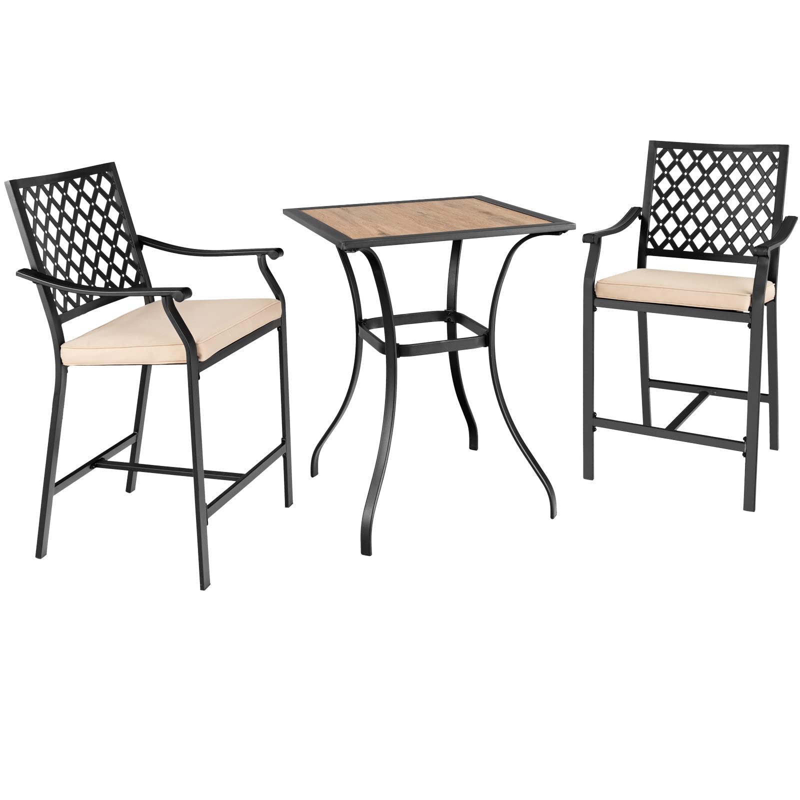 3 Piece Patio Bar Table Set Outdoor Square Bistro Bar Table High Chairs with Cushion Metal Stool