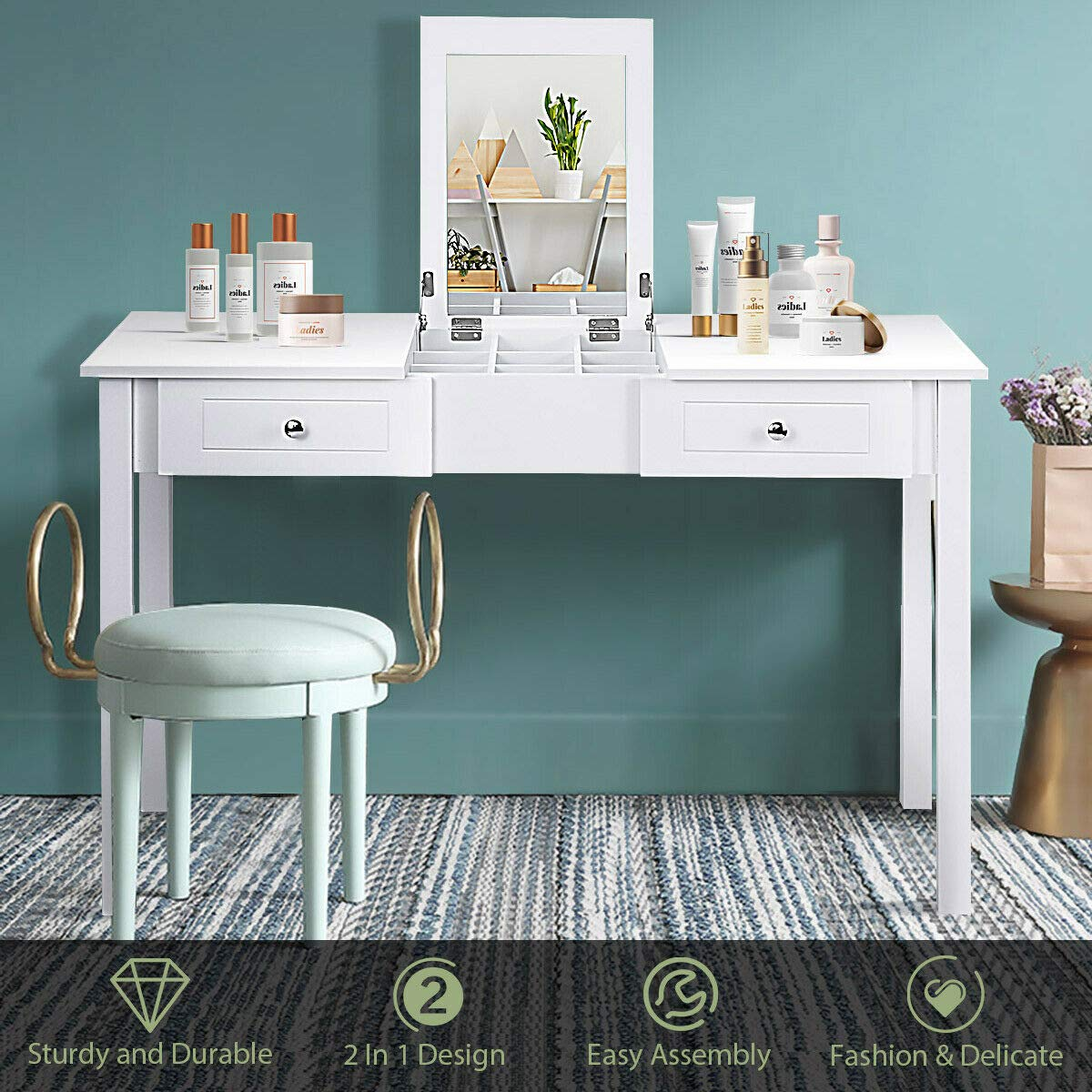 Giantex Vanity Set Makeup Table with Mirror, Cushioned Stool Bench Chair Large Desk Flip Top Home Bedroom