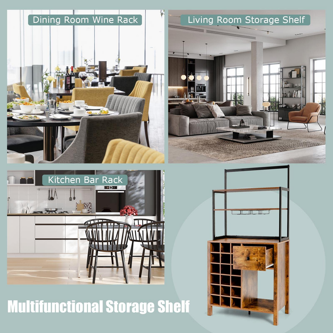 Giantex Sideboard with Hutch, 18 Bottles Wood Wine Rack, 1 Drawer, Standing 4-Tier Bakers Rack with Glass Holder