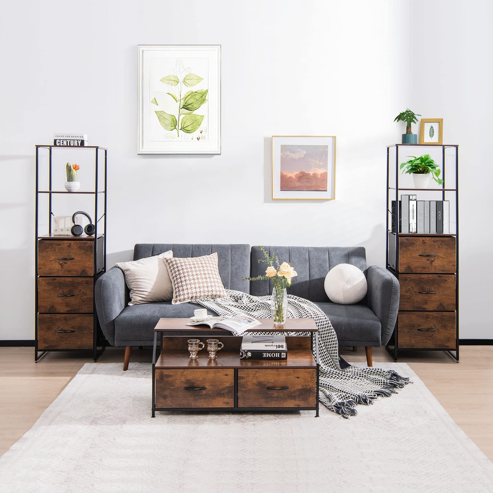 6 Tier Storage Cabinet, 61.5" Tall Storage Rack Storage Bookshelf w/Folding Drawers