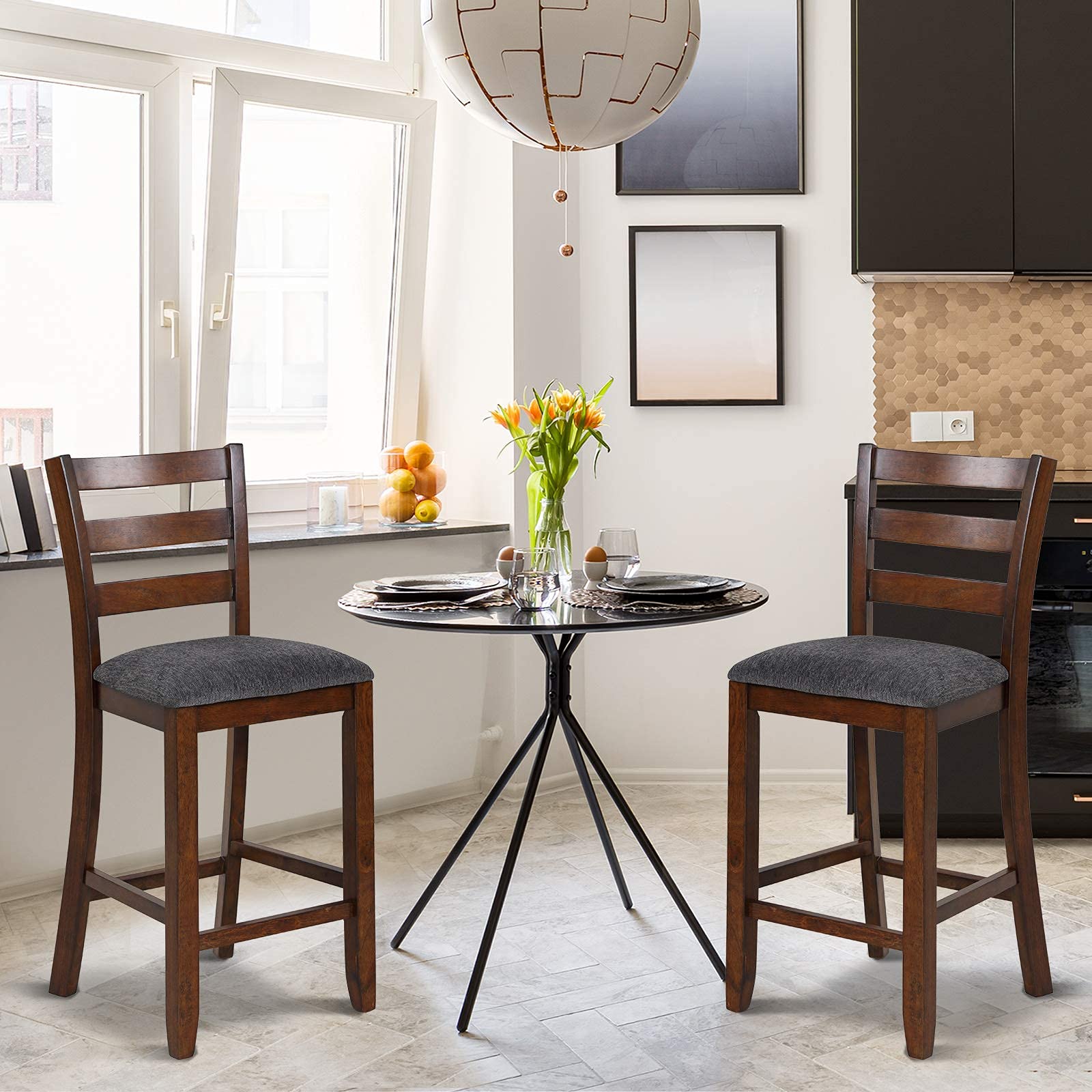 Upholstered Bar Stools with Solid Rubber Wood Frame, Foam-Padded Cushion