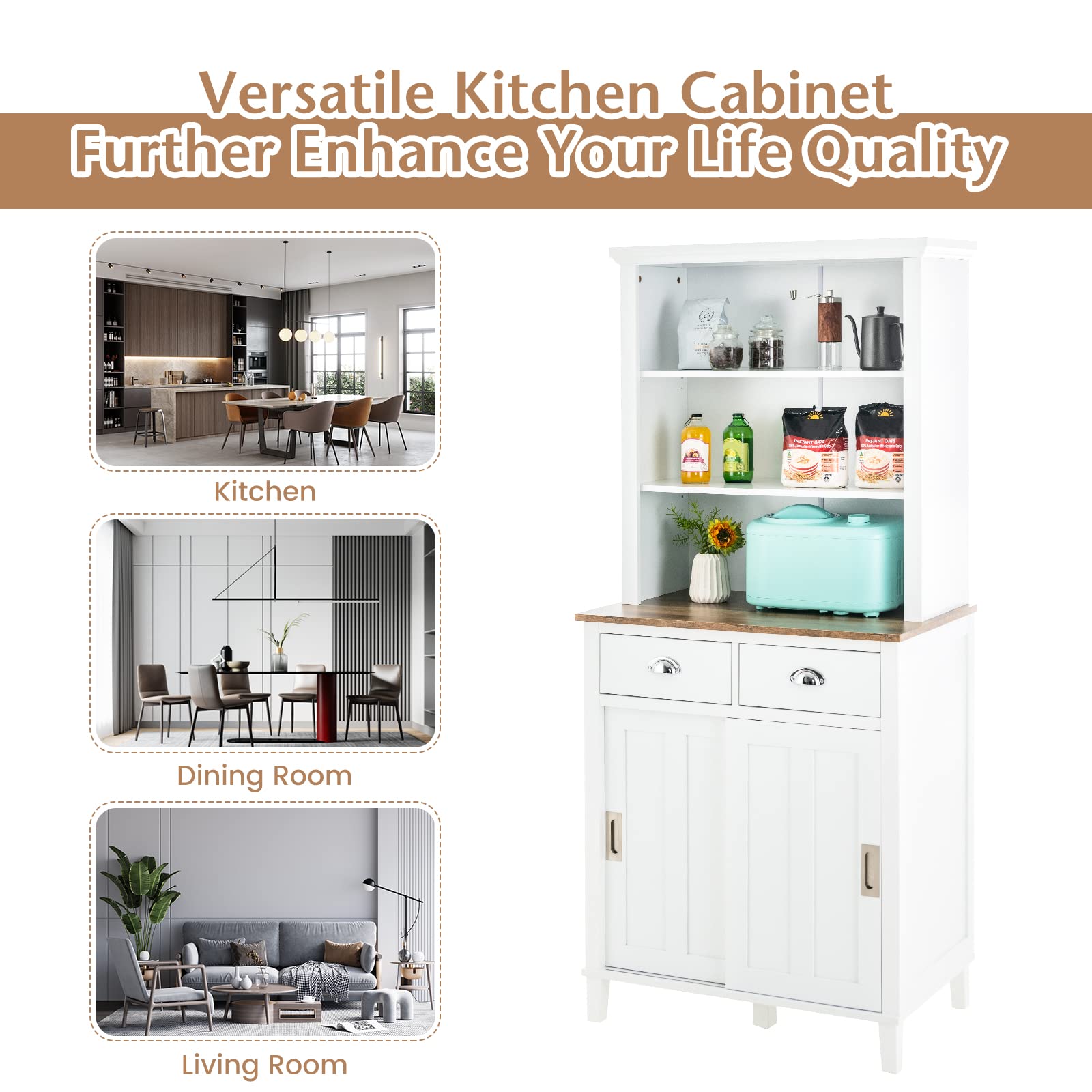 Giantex Buffet Cabinet with Storage Hutch, Tall Kitchen Sideboard, 67" Freestanding High Pantry (White)