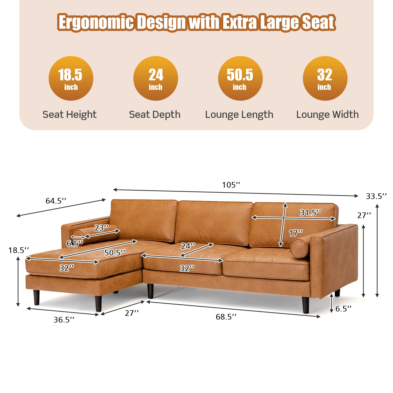 Giantex Sectional Sofa Couch with Chaise Lounge, L-Shaped 3-Seat Sofa Sleeper