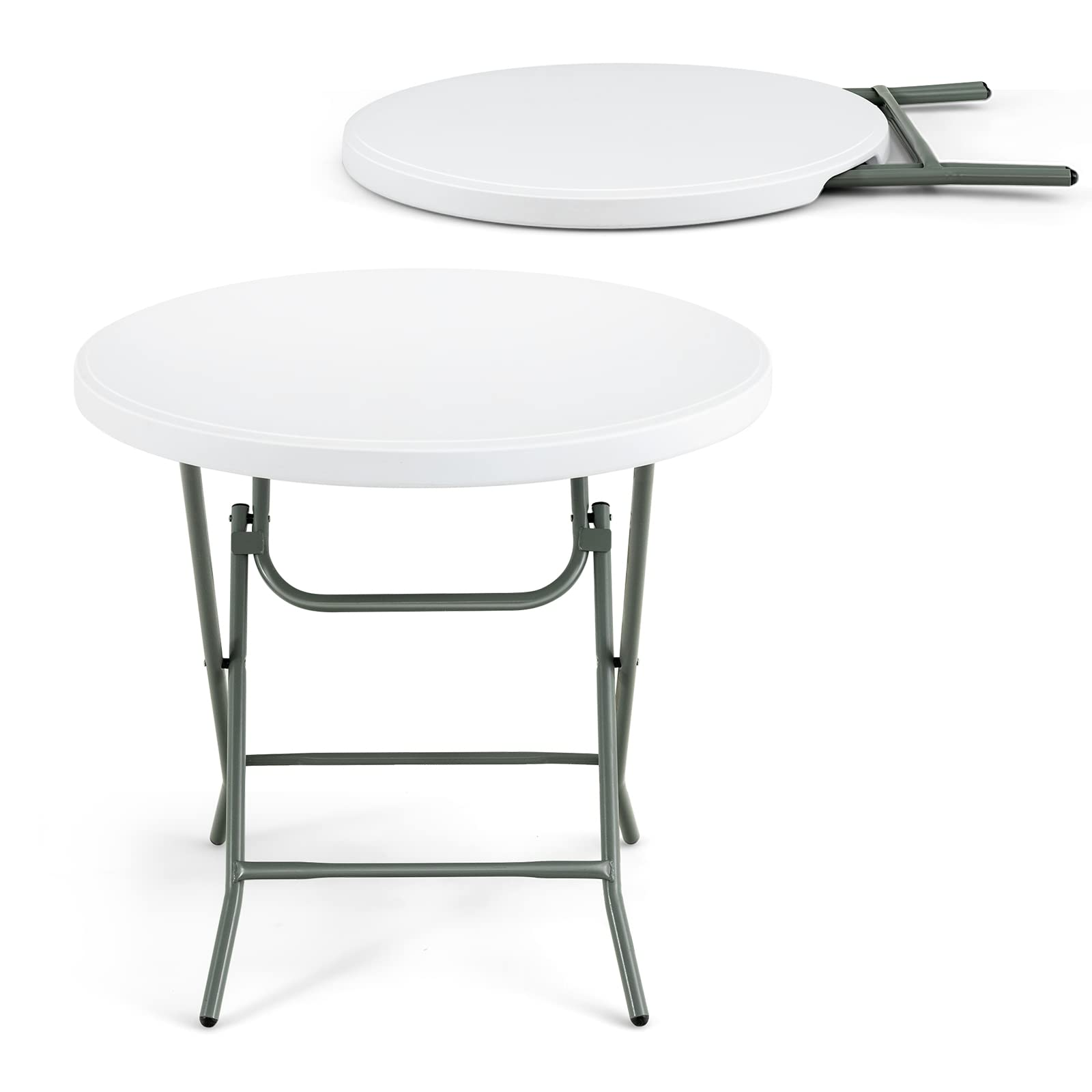 Giantex 32 Inches Round Folding Table, Portable Plastic Card Table with Thickened HDPE Tabletop and Sturdy Metal Frame, White