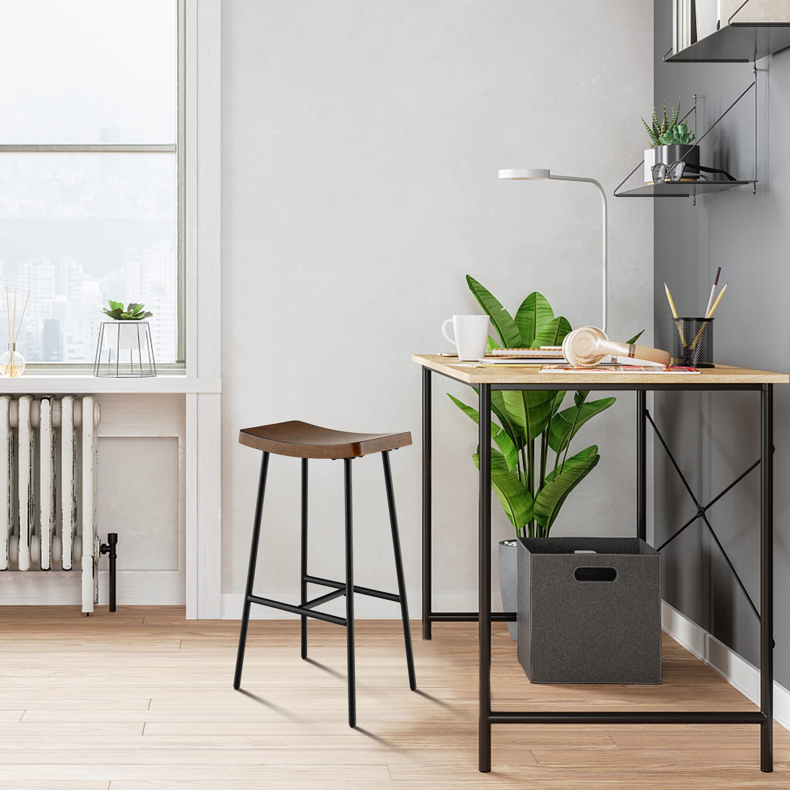 Industrial Saddle Stool with Footrest, Metal Legs, Adjustable Foot Pads, Backless Counter Height Chair for Living Room Kitchen Bar