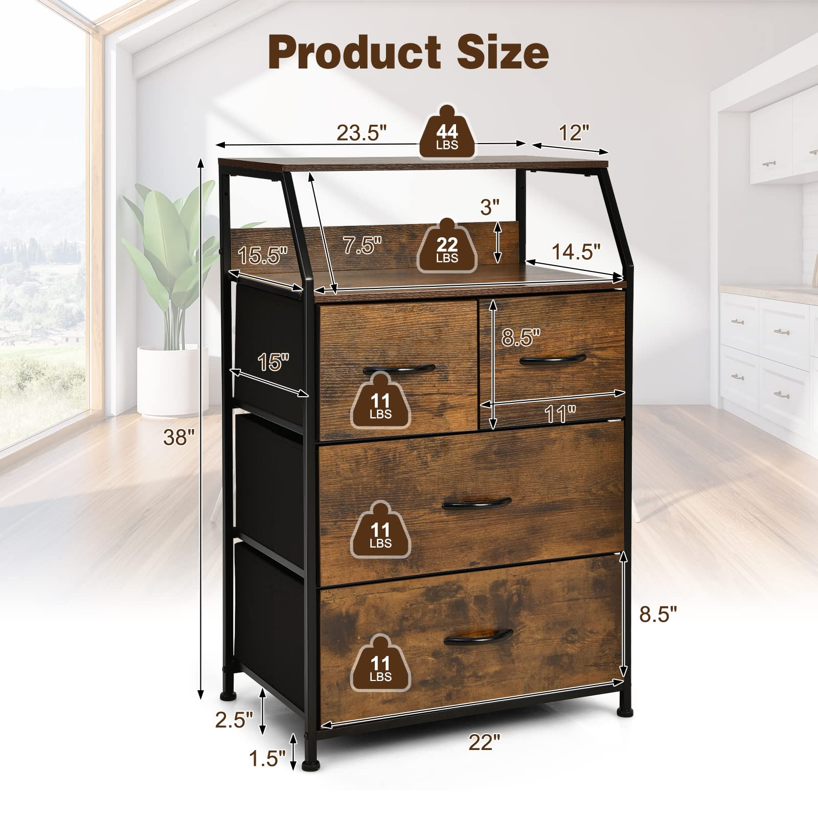 Giantex 4 Drawers Dresser, Tall Storage Tower w/ 5 Foldable Fabric Drawers & Open Shelves