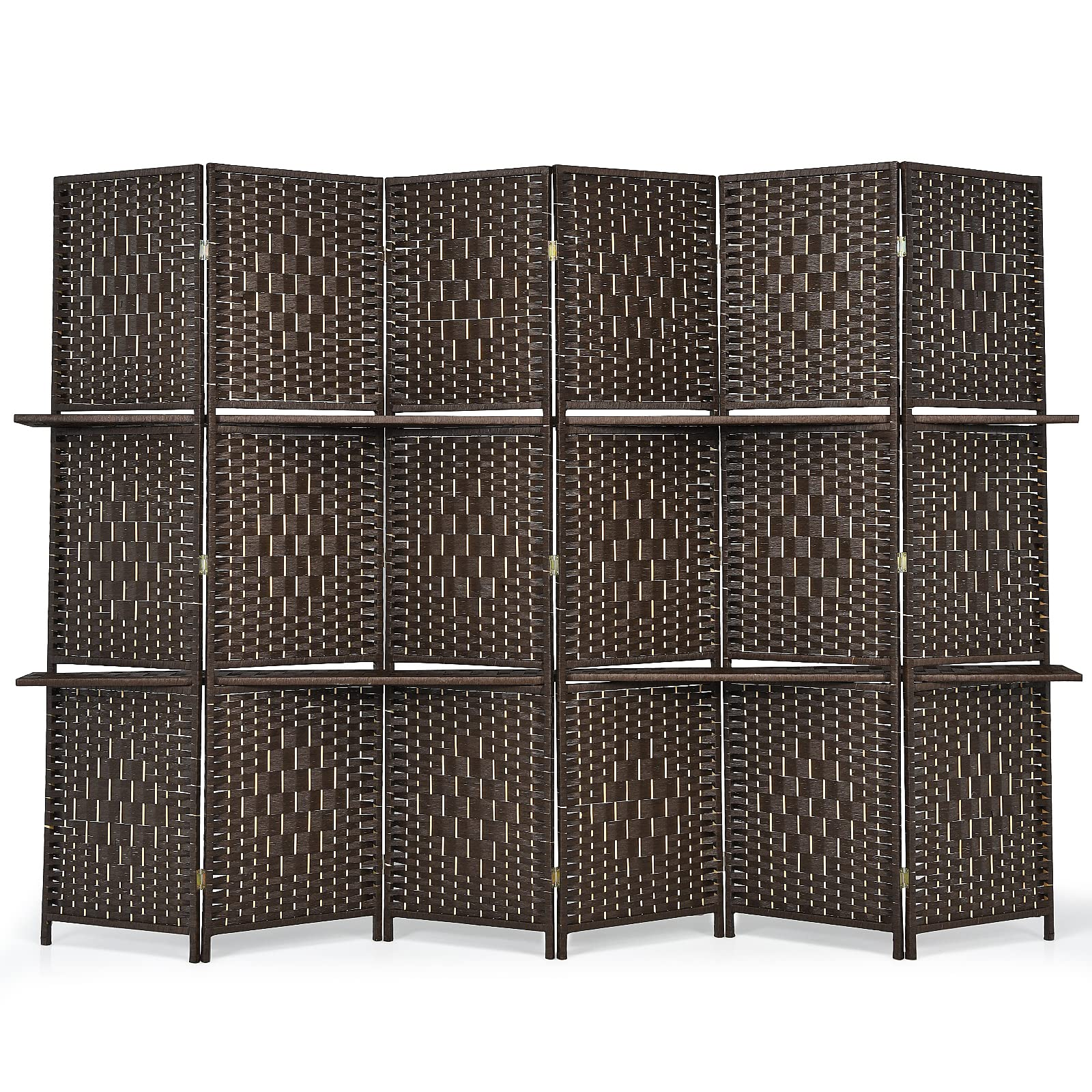 Giantex 6 Panel Room Divider Screen, 6Ft Hand-Woven Rattan Wood Room Divider w/ Shelves